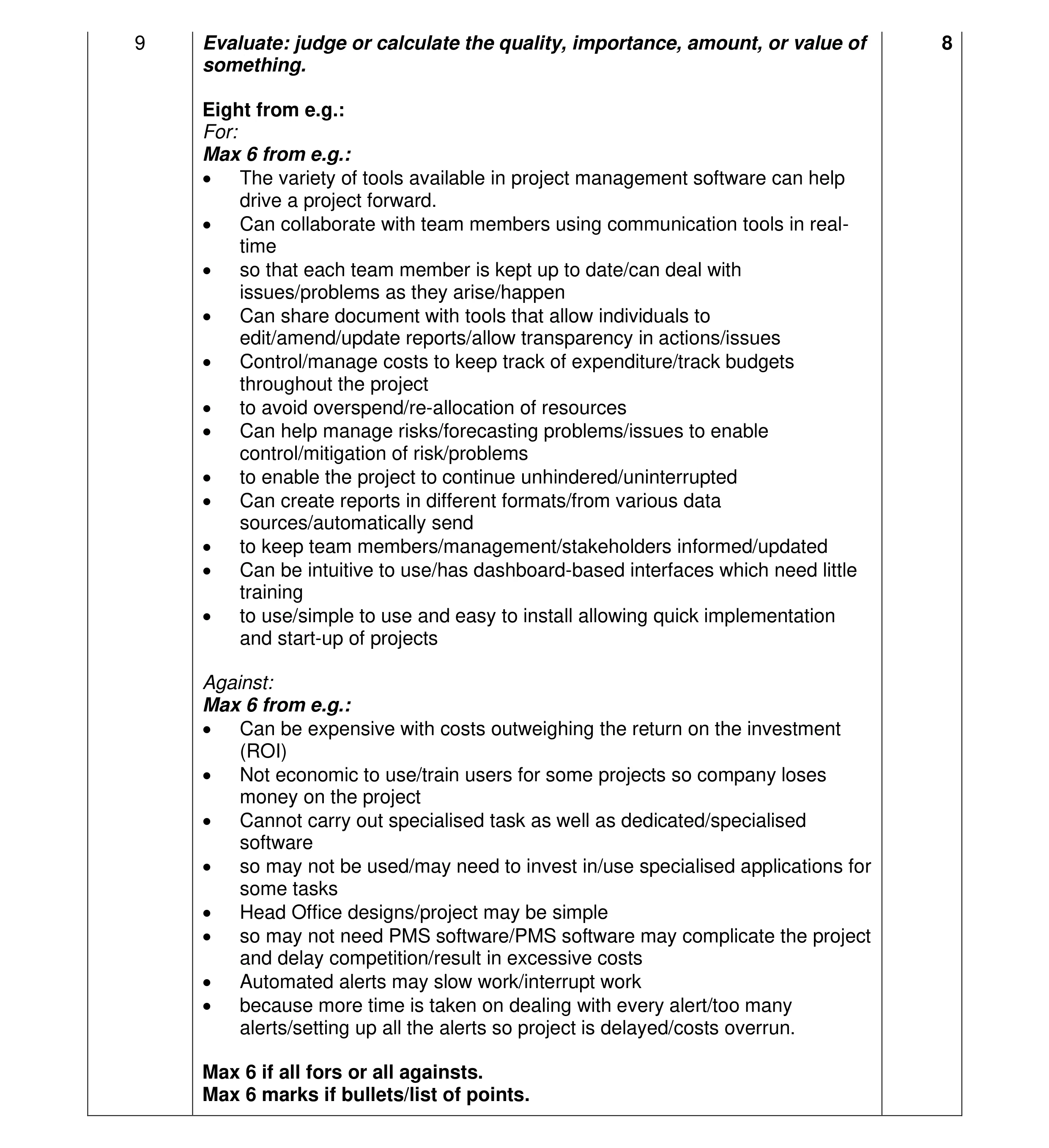 Mark scheme for question 10