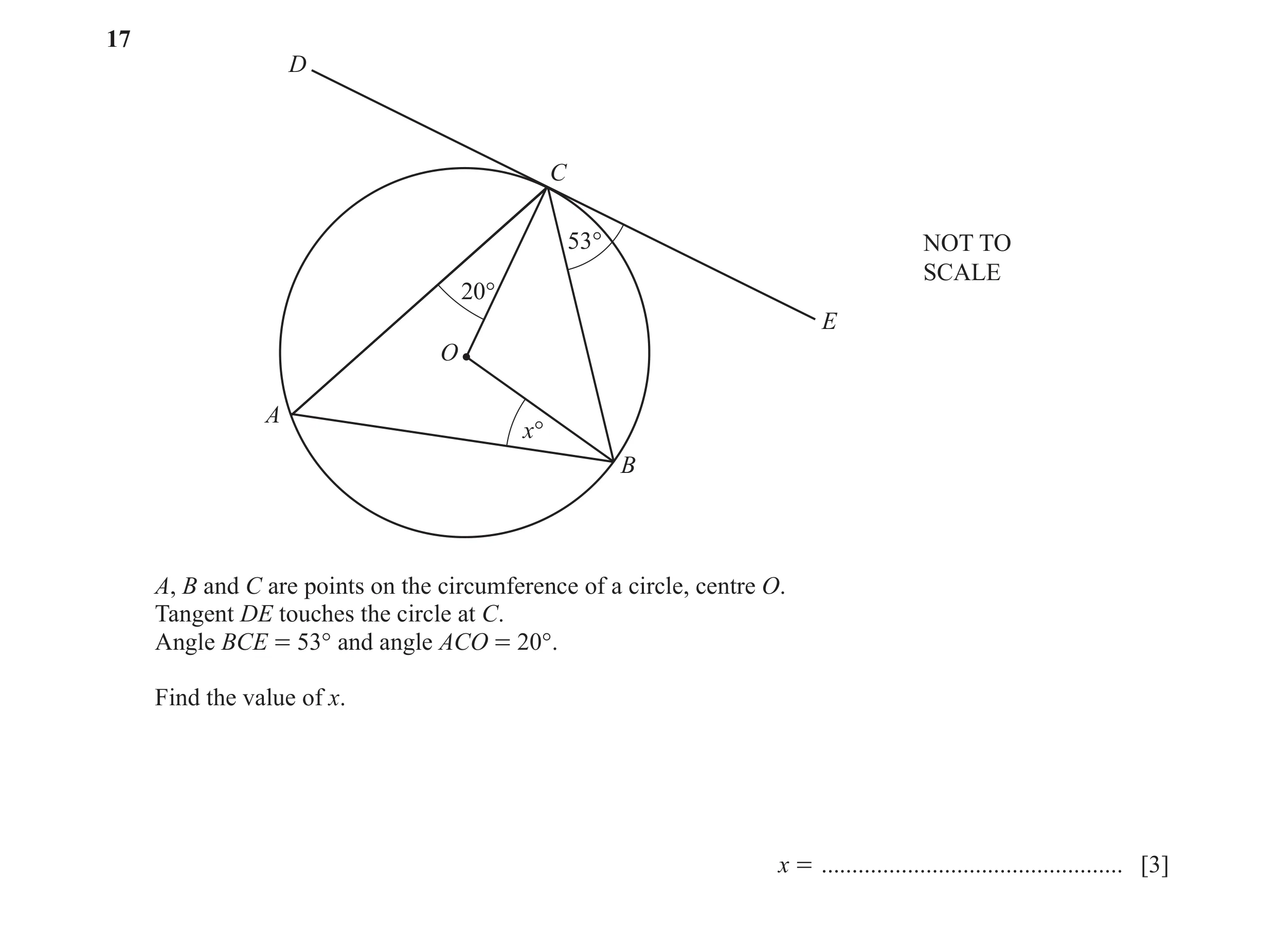 Question 36: D C 53° NOT TO SCALE 20° E O A x° B A, B and C are points on the circumference of a circle, centre O. Tangent DE touches the circle at C. A…