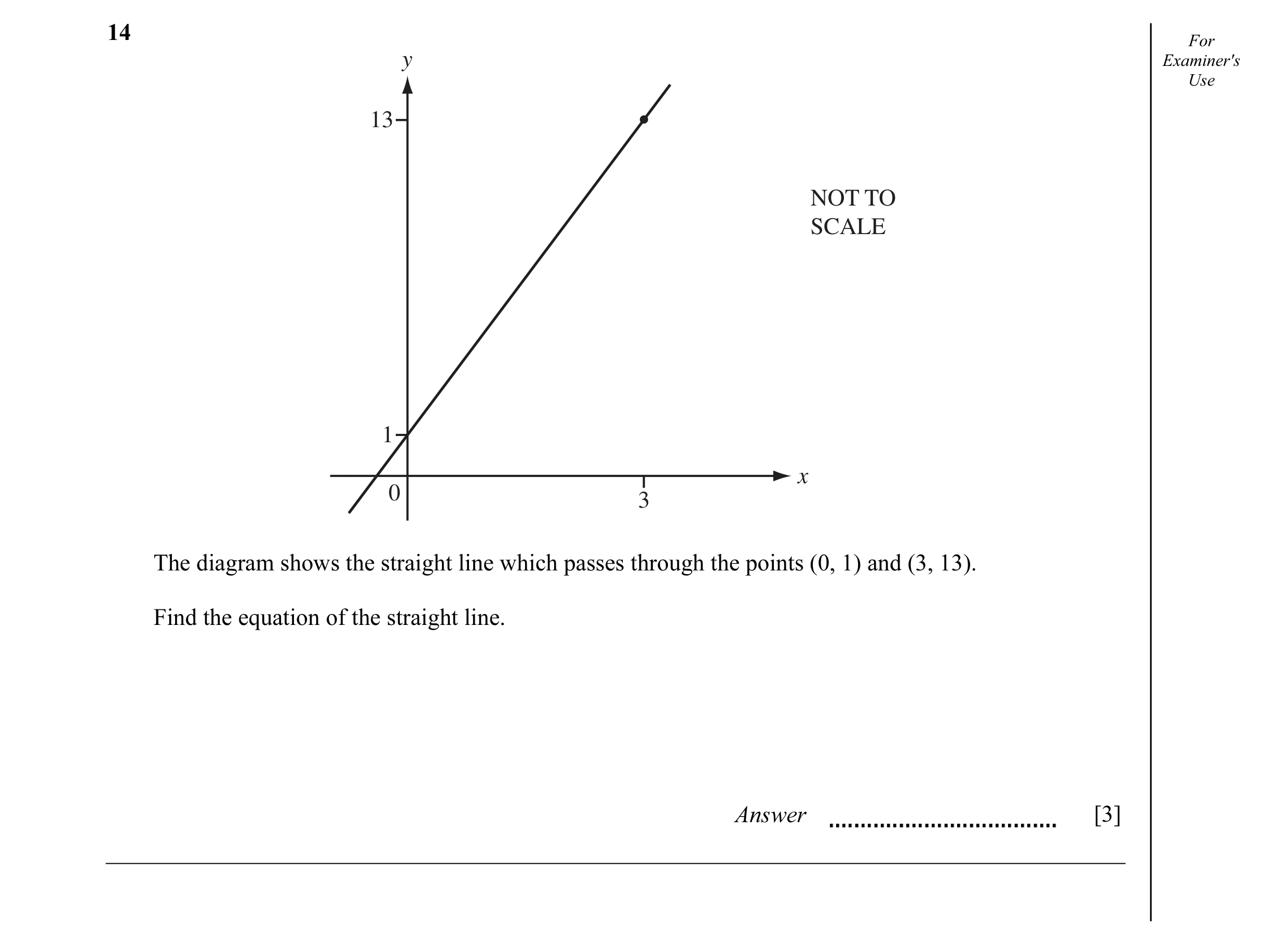 Question 8: For y Examiner's Use 13 NOT TO SCALE 1 x 0 3 The diagram shows the straight line which passes through the points (0, 1) and (3, 13). Find t…