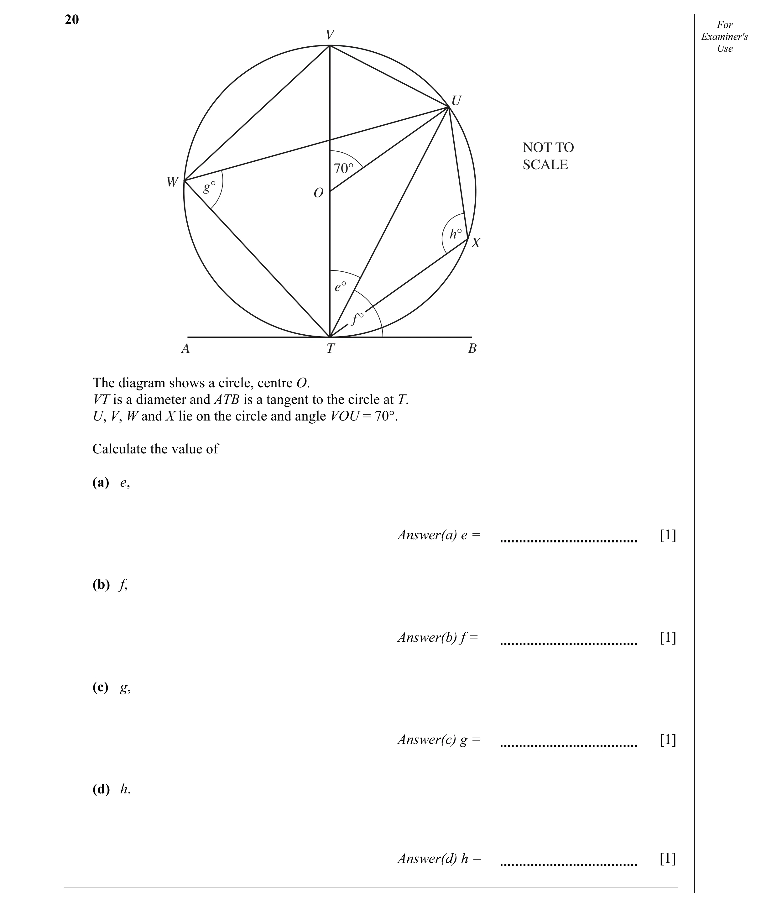 Question 9: For V Examiner's Use U NOT TO 70° SCALE W g° O h° X e° f ° A T B The diagram shows a circle, centre O. VT is a diameter and ATB is a tangen…