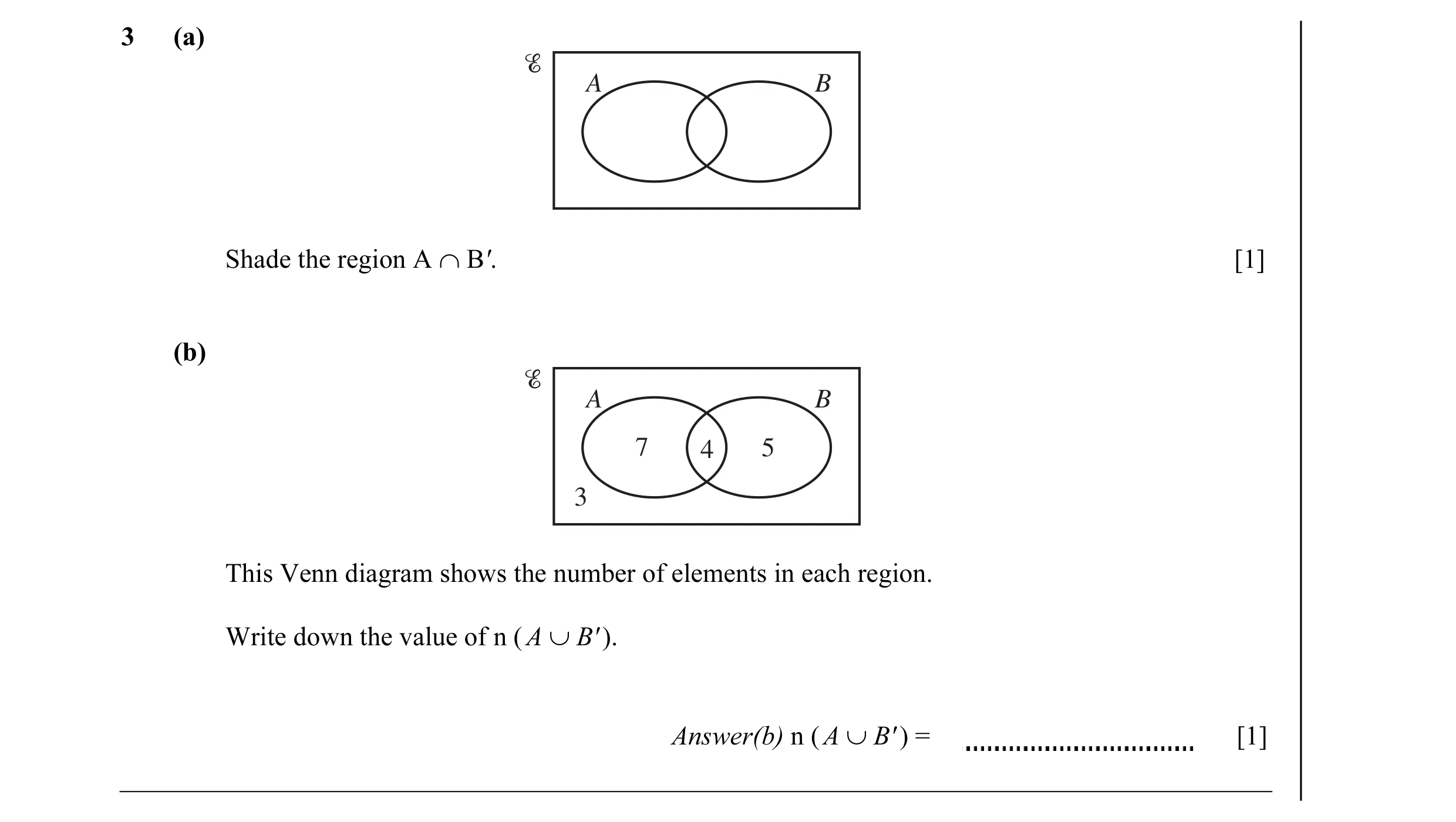 Question 9: (a) A B Shade the region A ∩ B'. [1] (b) A B 7 4 5 3 This Venn diagram shows the number of elements in each region. Write down the value of…