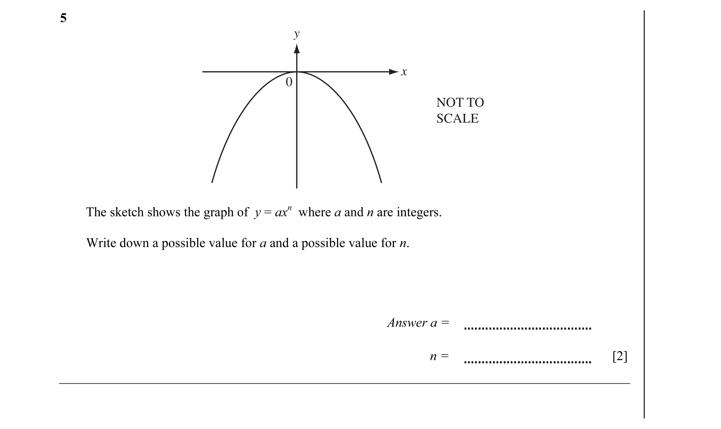 Question 4: y x 0 NOT TO SCALE The sketch shows the graph of y = axn where a and n are integers. Write down a possible value for a and a possible value…
