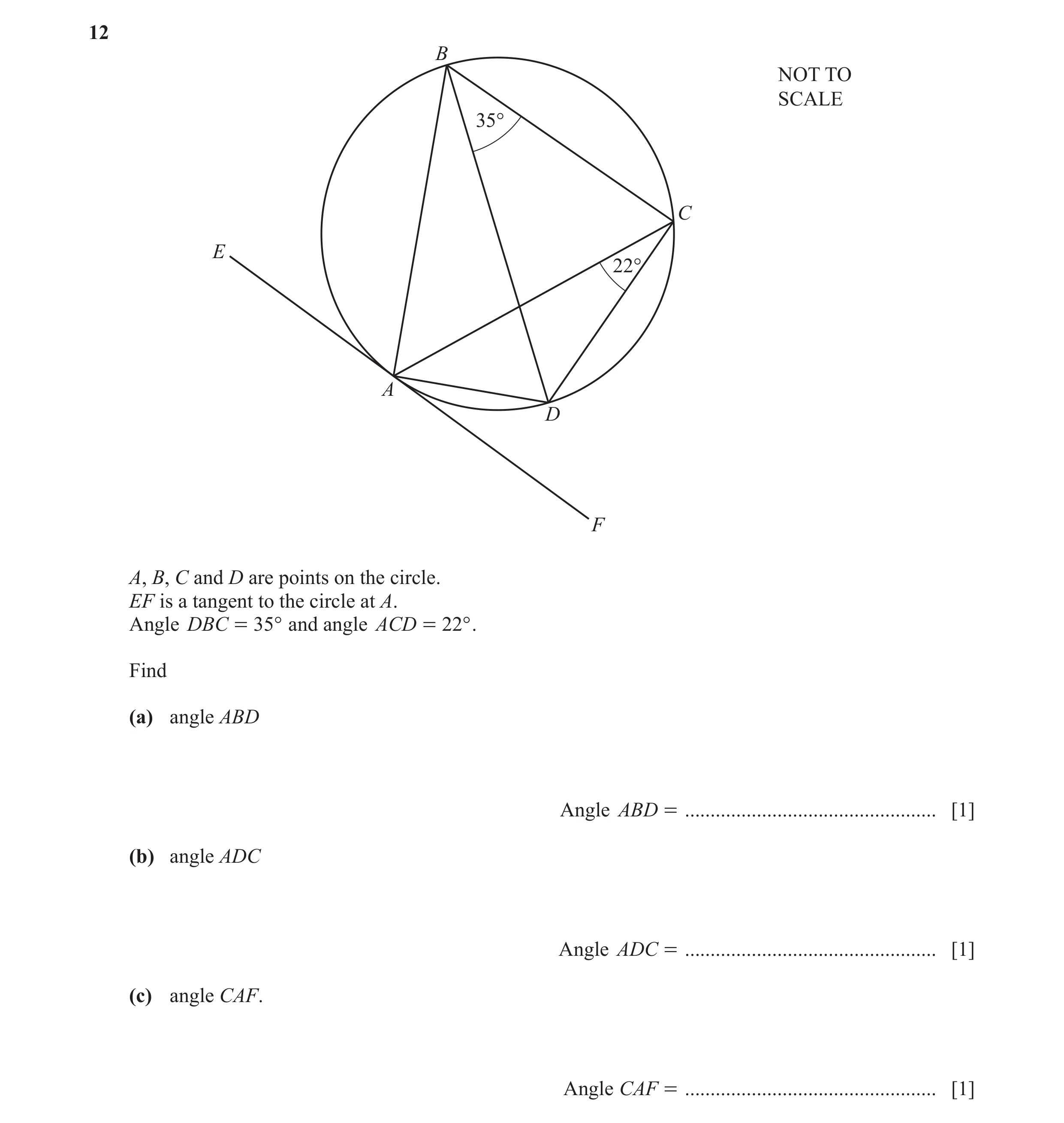 Question 20: B NOT TO SCALE 35° C E 22° A D F A, B, C and D are points on the circle. EF is a tangent to the circle at A. Angle DBC = 35° and angle ACD …
