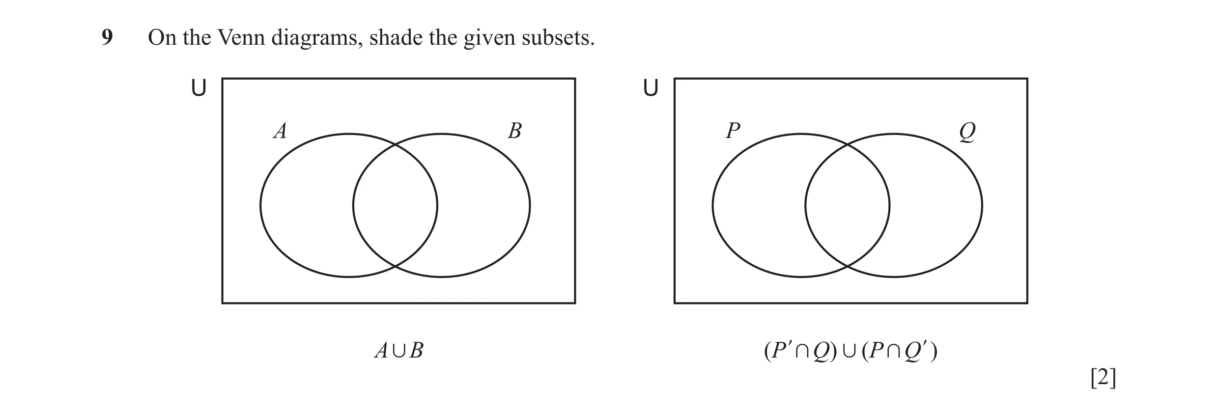 Question 13: On the Venn diagrams, shade the given subsets. U U A B P Q A , B ( P l + Q ) , ( P + Q l ) [2]