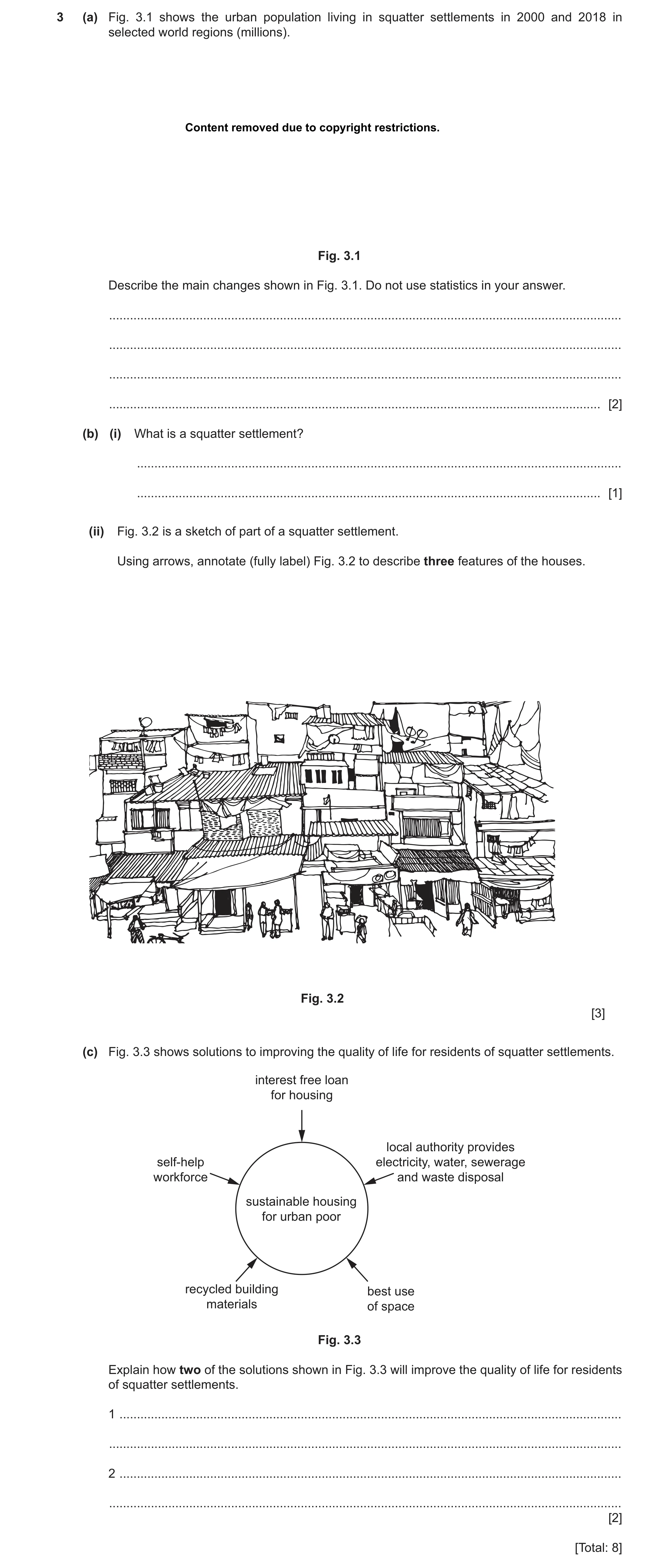Question 17: (a) Fig. 3.1 shows the urban population living in squatter settlements in 2000 and 2018 in selected world regions (millions). Content remov…