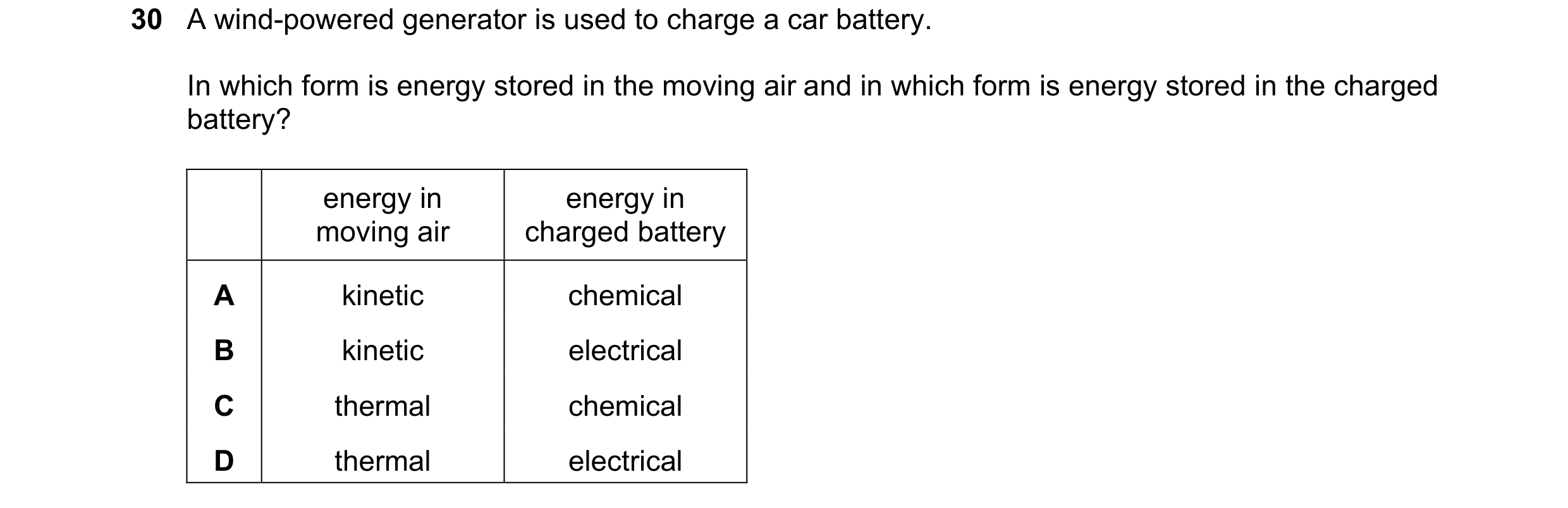 Question 52: A wind-powered generator is used to charge a car battery. In which form is energy stored in the moving air and in which form is energy stor…