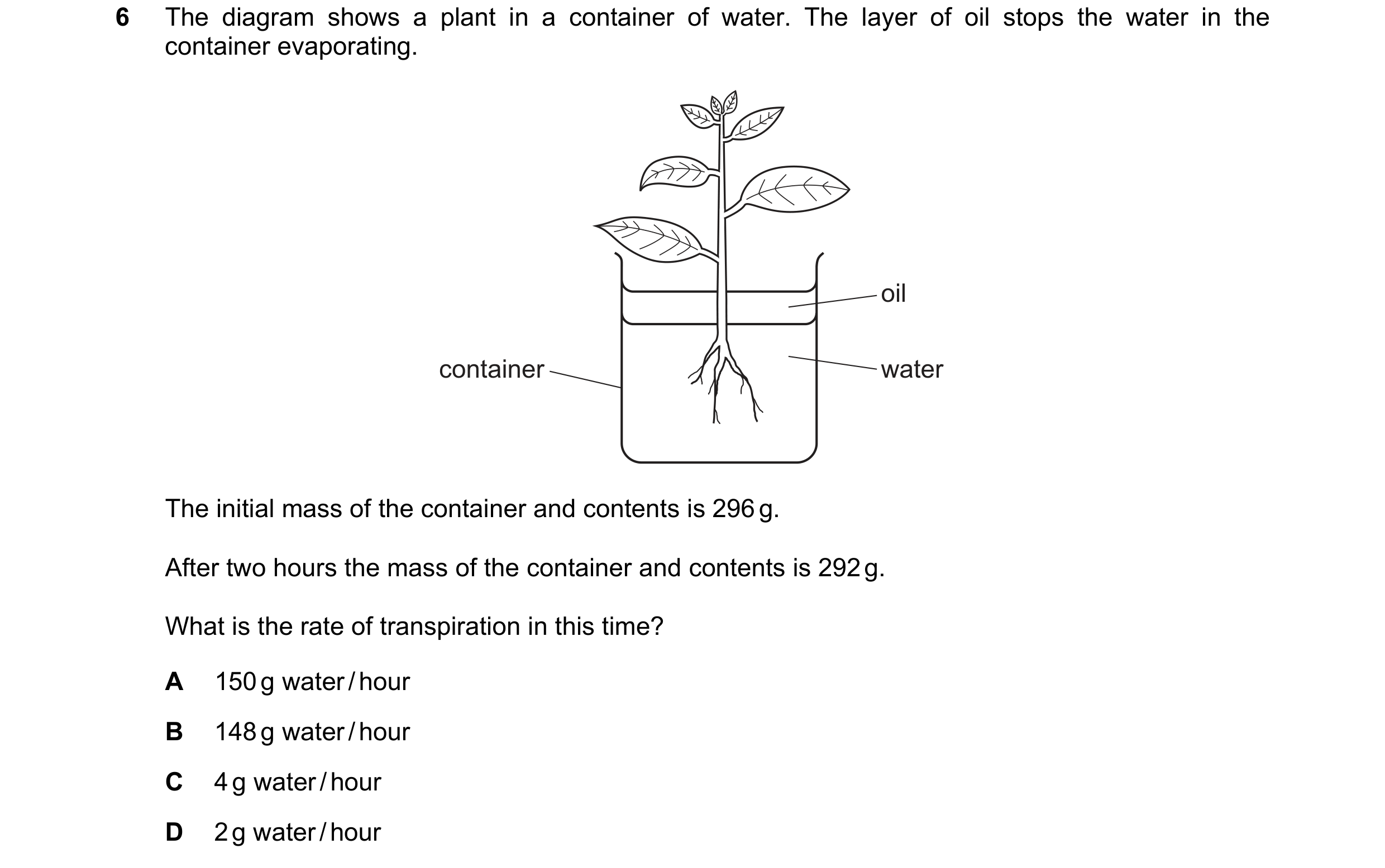 Question 23: The diagram shows a plant in a container of water. The layer of oil stops the water in the container evaporating. oil container water The i…