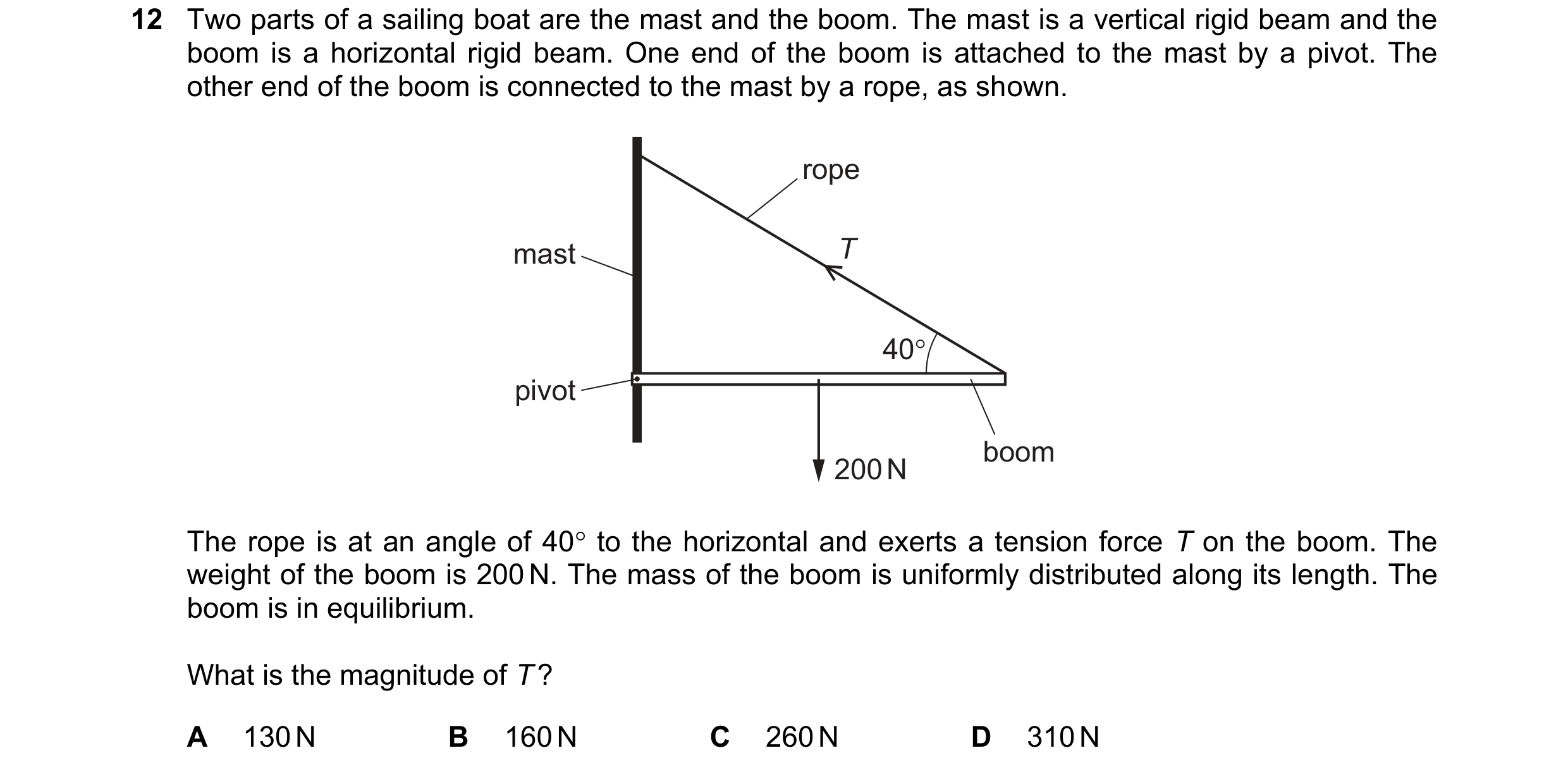 Question 139: Two parts of a sailing boat are the mast and the boom. The mast is a vertical rigid beam and the
boom is a horizontal rigid beam. One end o…