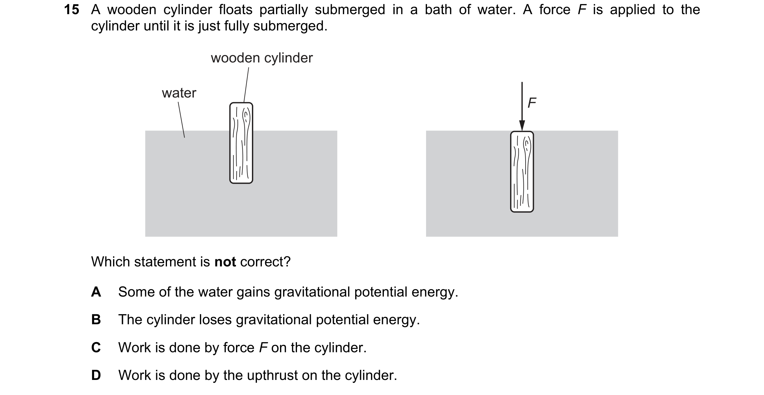 Question 239: A wooden cylinder floats partially submerged in a bath of water. A force F is applied to the cylinder until it is just fully submerged. woo…