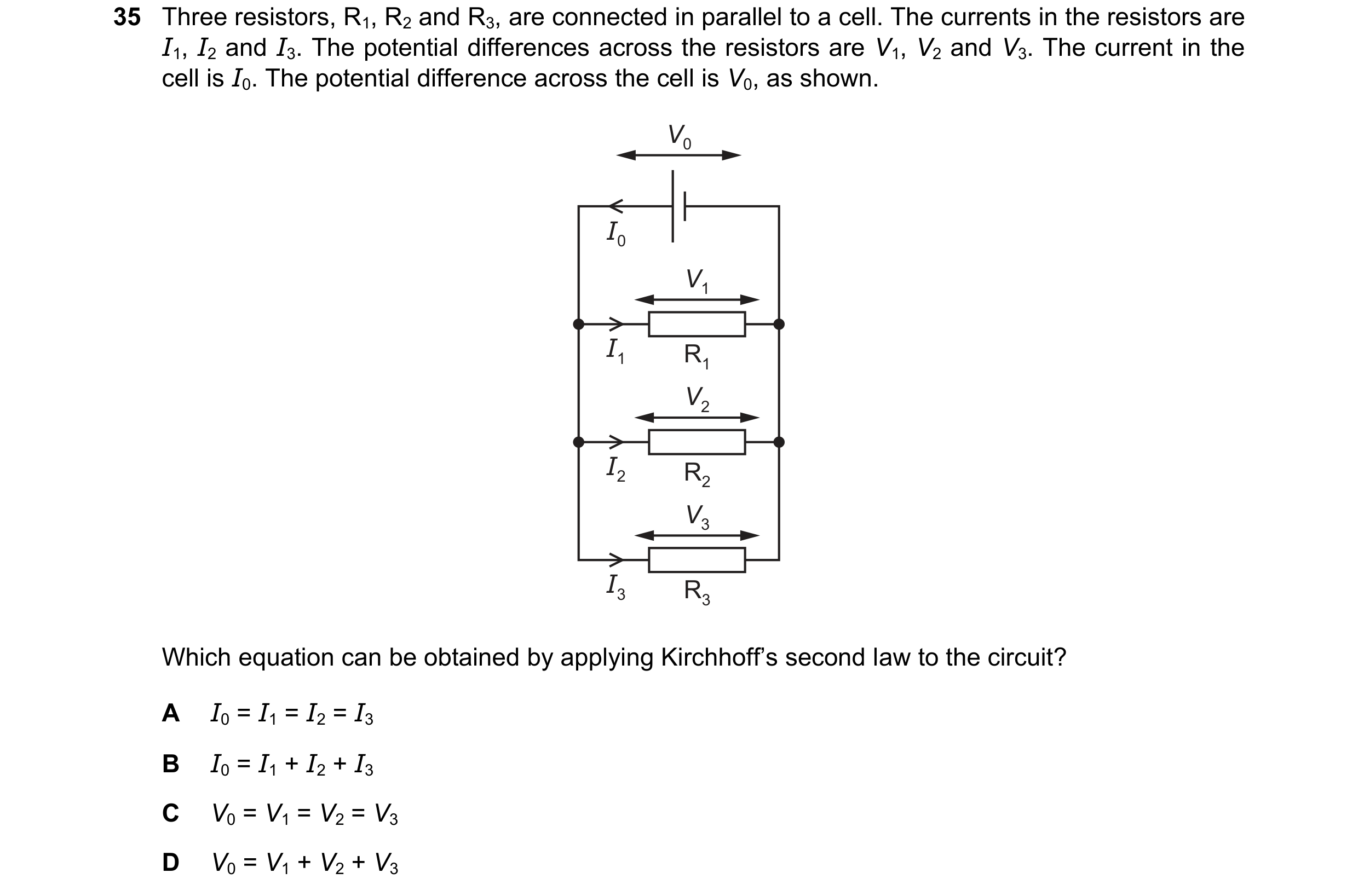 Question 70: Three resistors, R1, R2 and R3, are connected in parallel to a cell. The currents in the resistors are I1, I2 and I3. The potential differe…