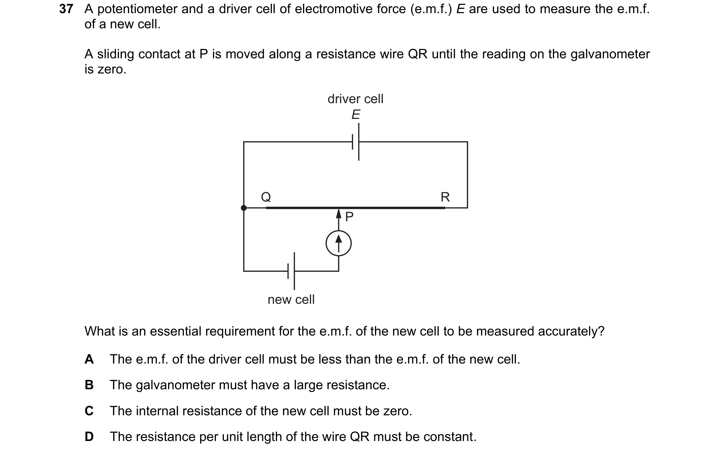 Question 112: A potentiometer and a driver cell of electromotive force (e.m.f.) E are used to measure the e.m.f. of a new cell. A sliding contact at P is…