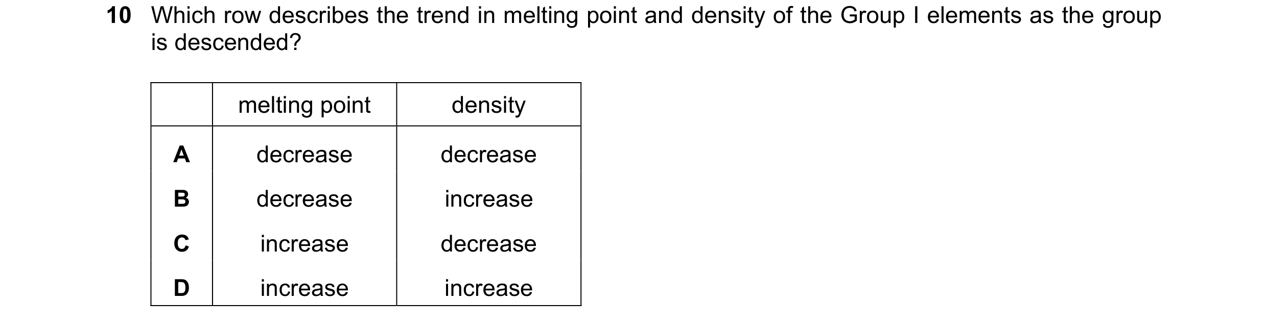 Question 12: Which row describes the trend in melting point and density of the Group I elements as the group is descended? melting point density A decre…