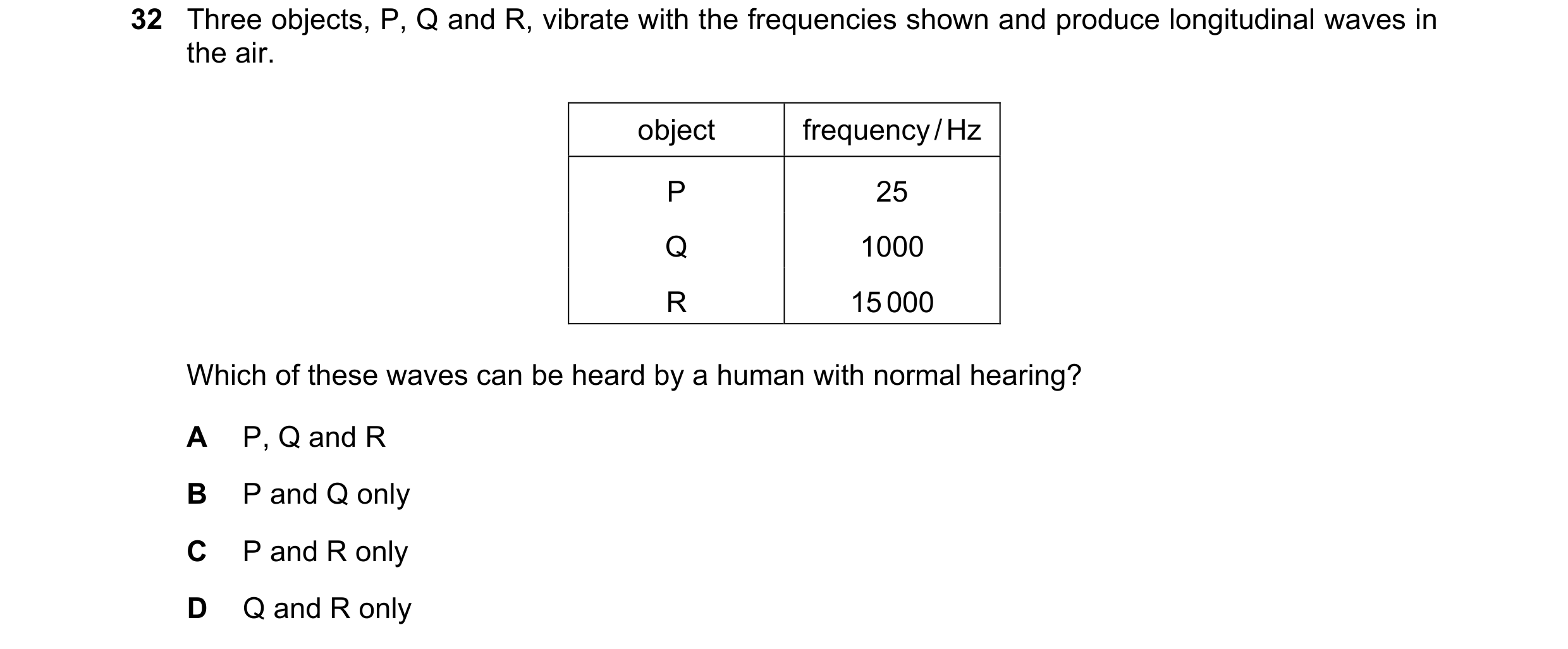 Question 10: Three objects, P, Q and R, vibrate with the frequencies shown and produce longitudinal waves in the air. object frequency / Hz P 25 Q 1000 …
