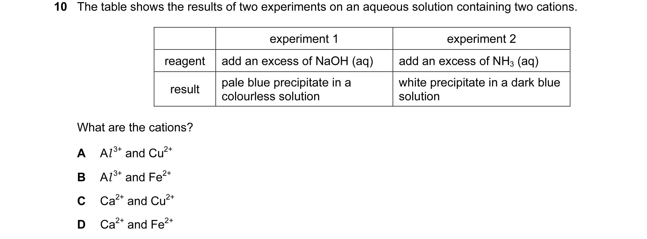 Question 1: The table shows the results of two experiments on an aqueous solution containing two cations. experiment 1 experiment 2 reagent add an exce…