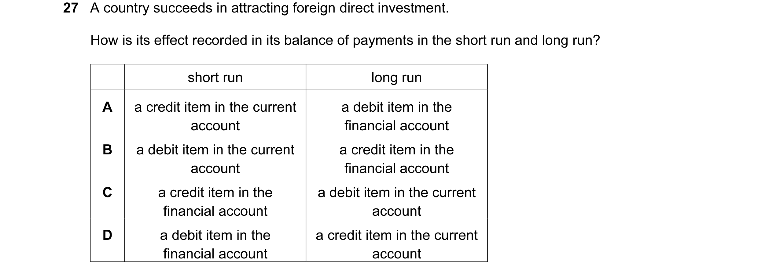 Question 24: A country succeeds in attracting foreign direct investment. How is its effect recorded in its balance of payments in the short run and long…