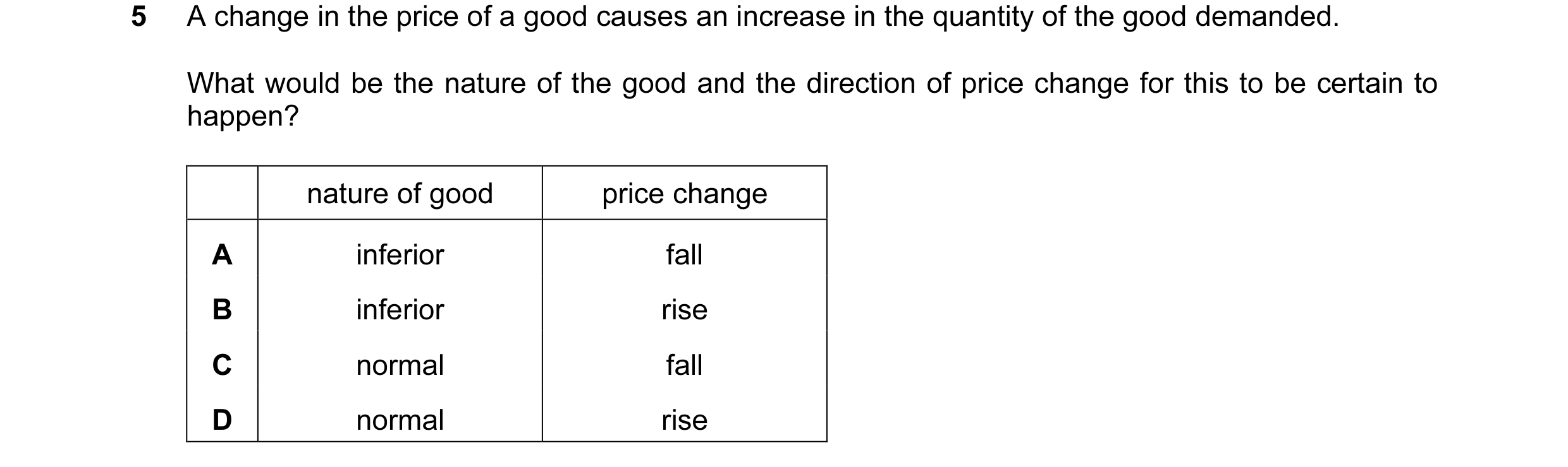 Question 17: A change in the price of a good causes an increase in the quantity of the good demanded. What would be the nature of the good and the direc…