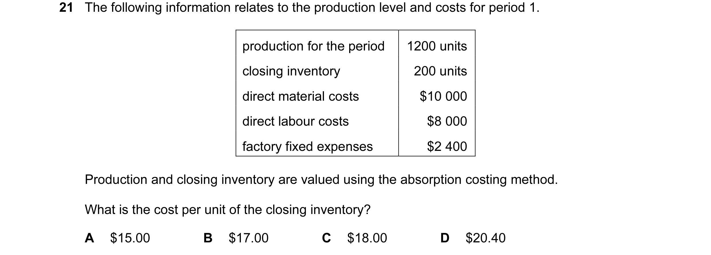 Question 71: The following information relates to the production level and costs for period 1. production for the period 1200 units closing inventory 20…