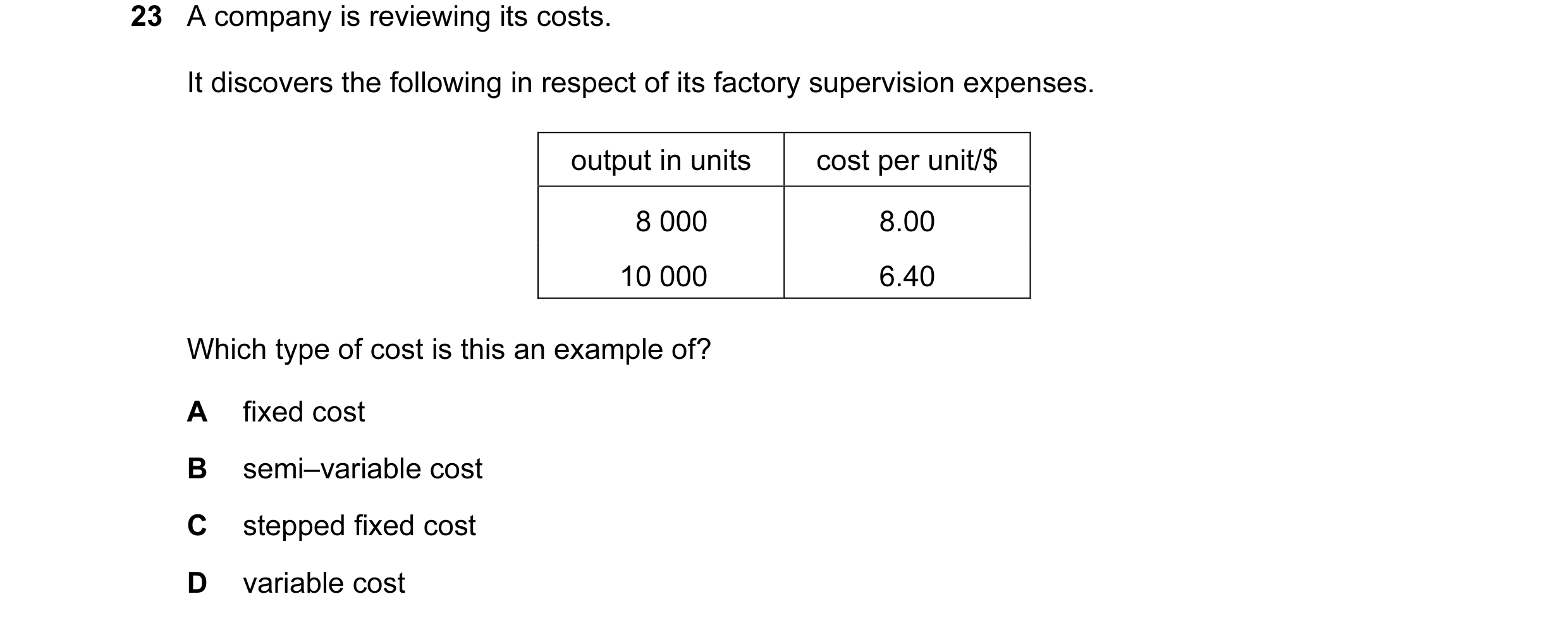 Question 32: A company is reviewing its costs. It discovers the following in respect of its factory supervision expenses. output in units cost per unit/…