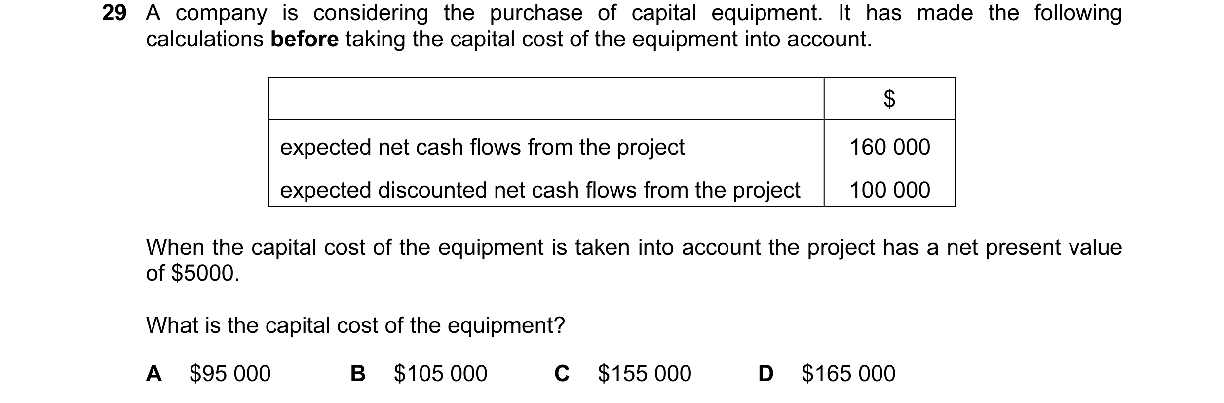 Question 35: A company is considering the purchase of capital equipment. It has made the following calculations before taking the capital cost of the eq…