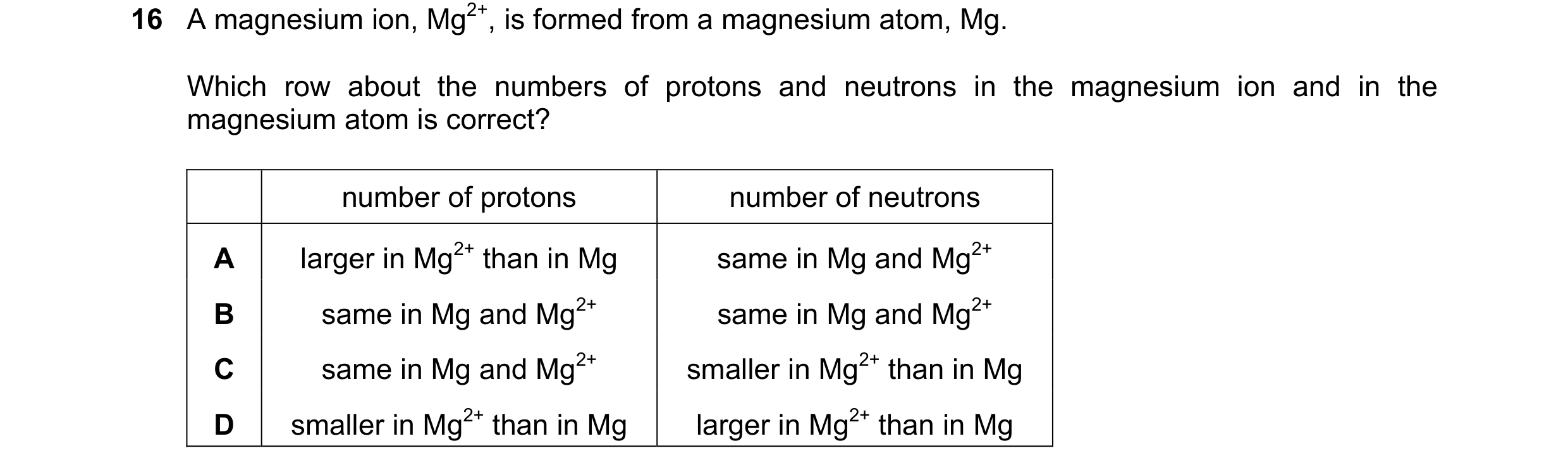 Question 11: A magnesium ion, Mg2+, is formed from a magnesium atom, Mg. Which row about the numbers of protons and neutrons in the magnesium ion and in…