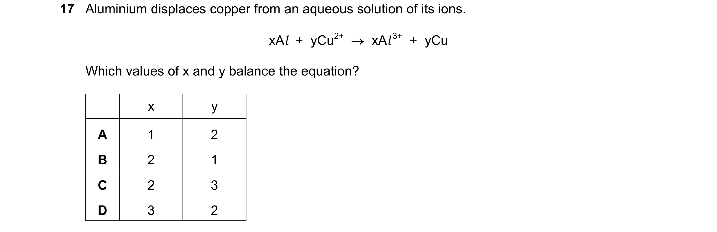 Question 16: Aluminium displaces copper from an aqueous solution of its ions. xAl + yCu2+ → xAl 3+ + yCu Which values of x and y balance the equat…