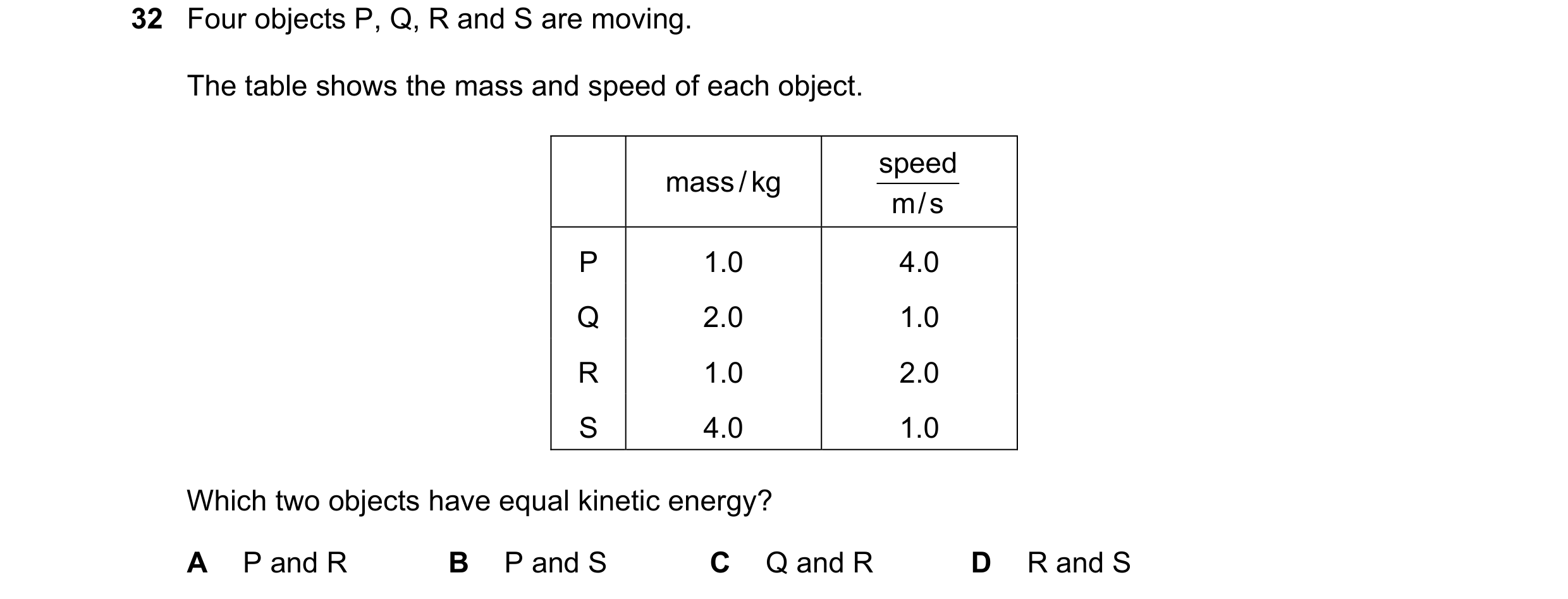 Question 36: Four objects P, Q, R and S are moving. The table shows the mass and speed of each object. speed mass / kg m / s P 1.0 4.0 Q 2.0 1.0 R 1.0 2…