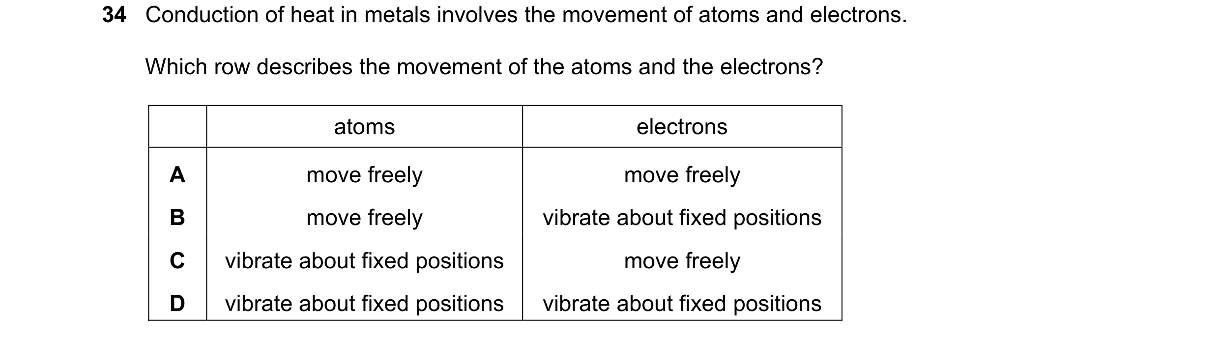 Question 25: Conduction of heat in metals involves the movement of atoms and electrons. Which row describes the movement of the atoms and the electrons?…