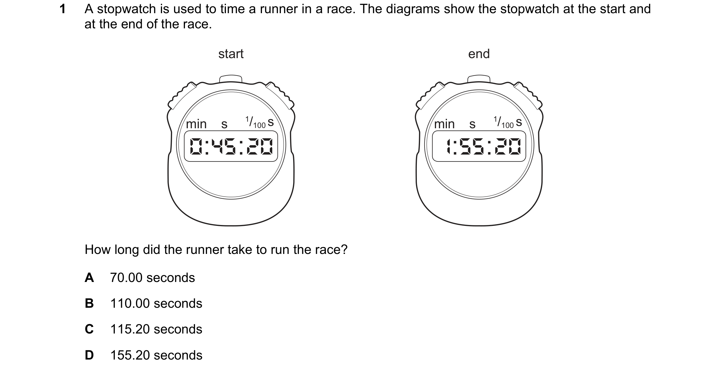 Question 107: A stopwatch is used to time a runner in a race. The diagrams show the stopwatch at the start and at the end of the race. start end min s 1/…