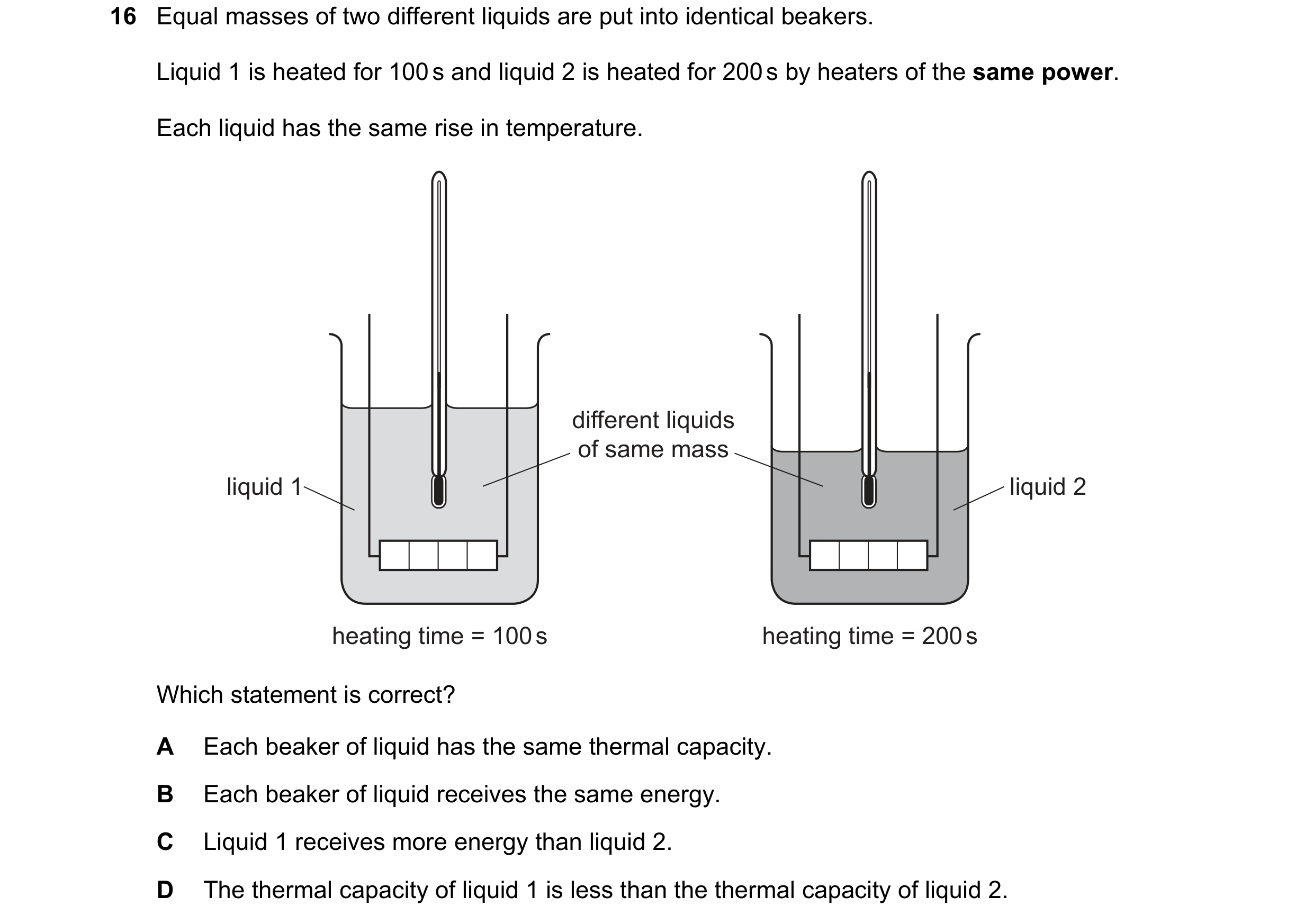 Question 135: Equal masses of two different liquids are put into identical beakers. Liquid 1 is heated for 100 s and liquid 2 is heated for 200 s by heat…