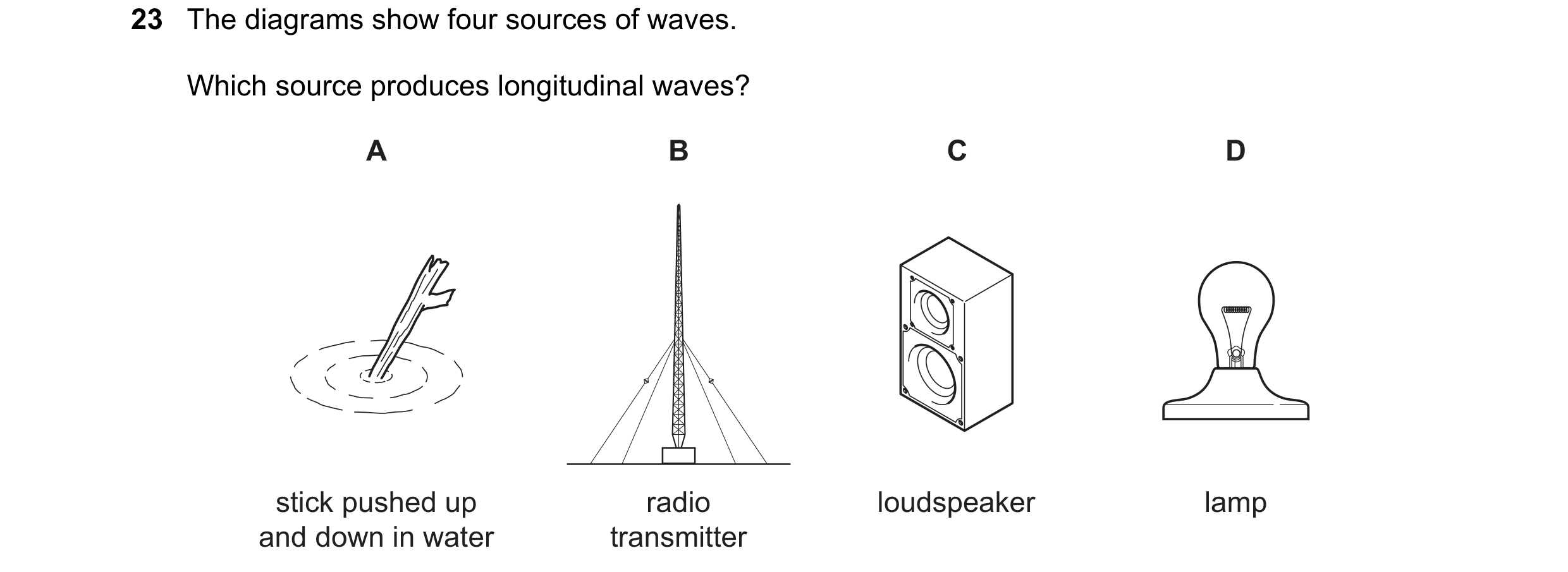 Question 138: The diagrams show four sources of waves. Which source produces longitudinal waves? A B C D stick pushed up radio loudspeaker lamp and down …