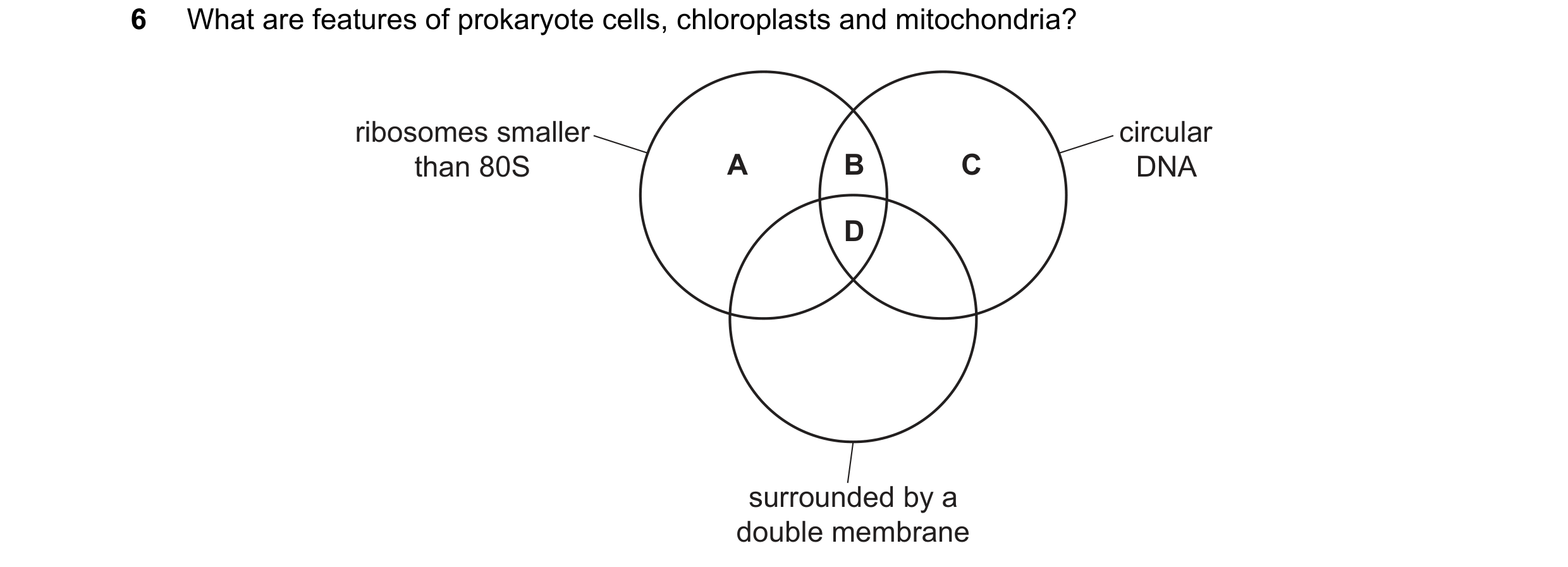 Question 285: What are features of prokaryote cells, chloroplasts and mitochondria? ribosomes smaller circular than 80S A B C DNA D surrounded by a doubl…