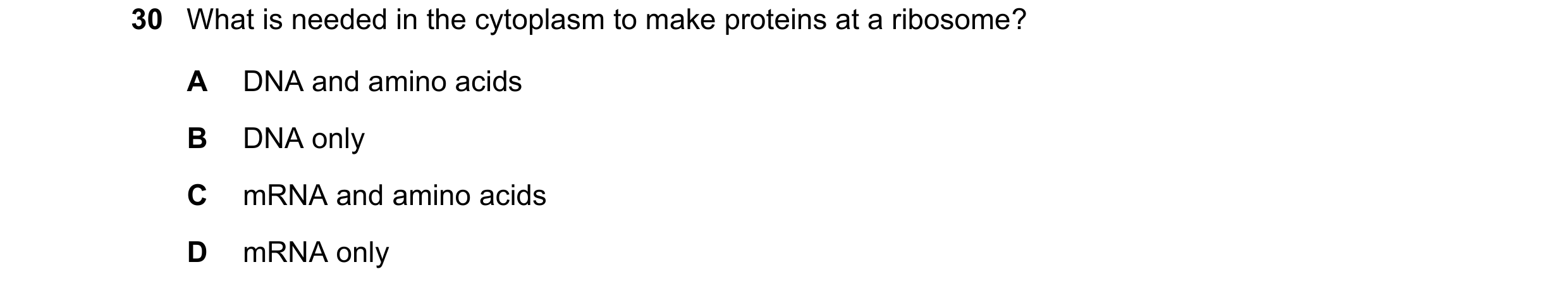 Question 25: What is needed in the cytoplasm to make proteins at a ribosome? A DNA and amino acids B DNA only C mRNA and amino acids D mRNA only