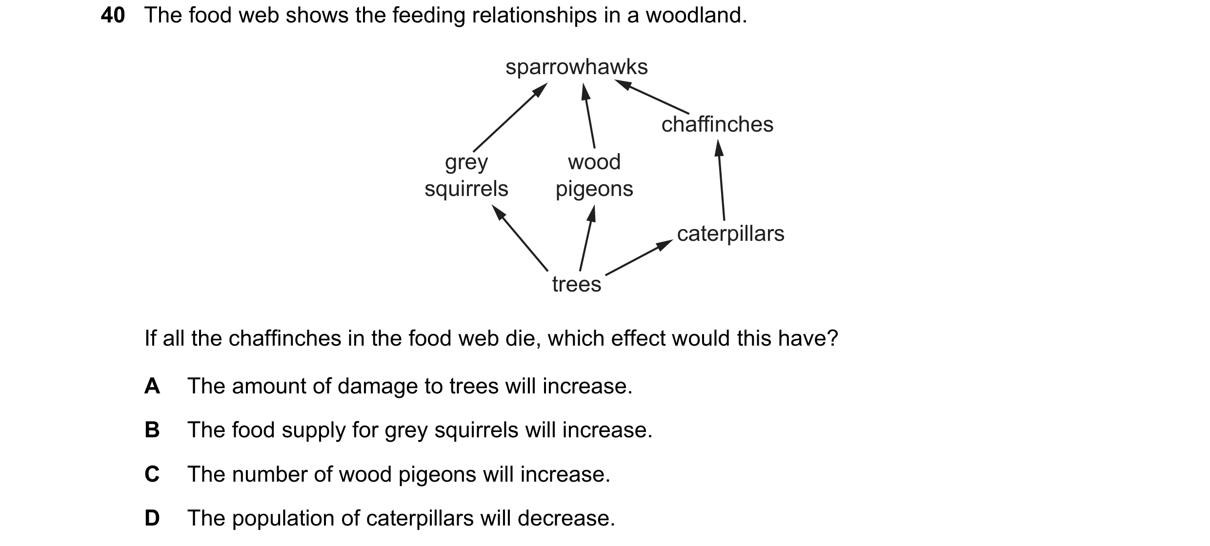 Question 8: The food web shows the feeding relationships in a woodland. sparrowhawks chaffinches grey wood squirrels pigeons caterpillars trees If all …