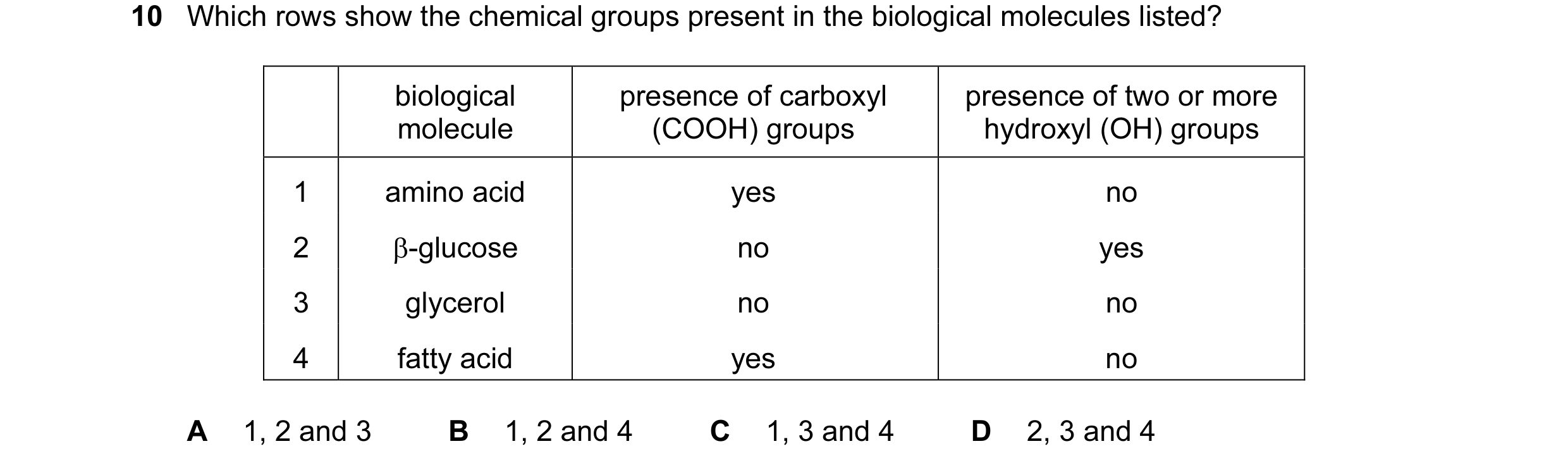 Question 34: Which rows show the chemical groups present in the biological molecules listed? biological presence of carboxyl presence of two or more mol…
