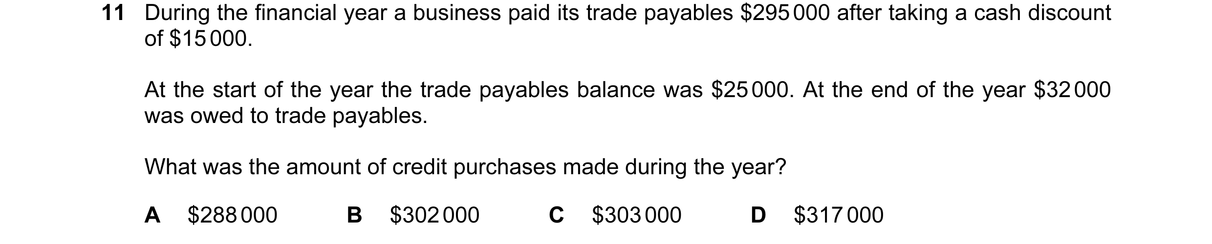 Question 139: During the financial year a business paid its trade payables $295 000 after taking a cash discount of $15 000. At the start of the year the…