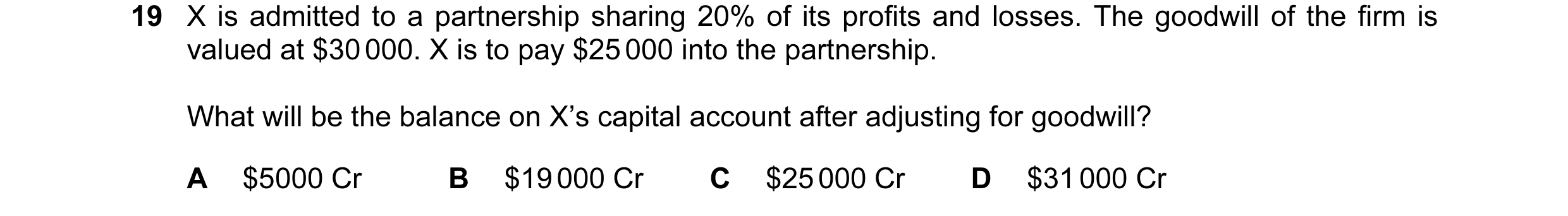 Question 147: X is admitted to a partnership sharing 20% of its profits and losses. The goodwill of the firm is valued at $30 000. X is to pay $25 000 in…