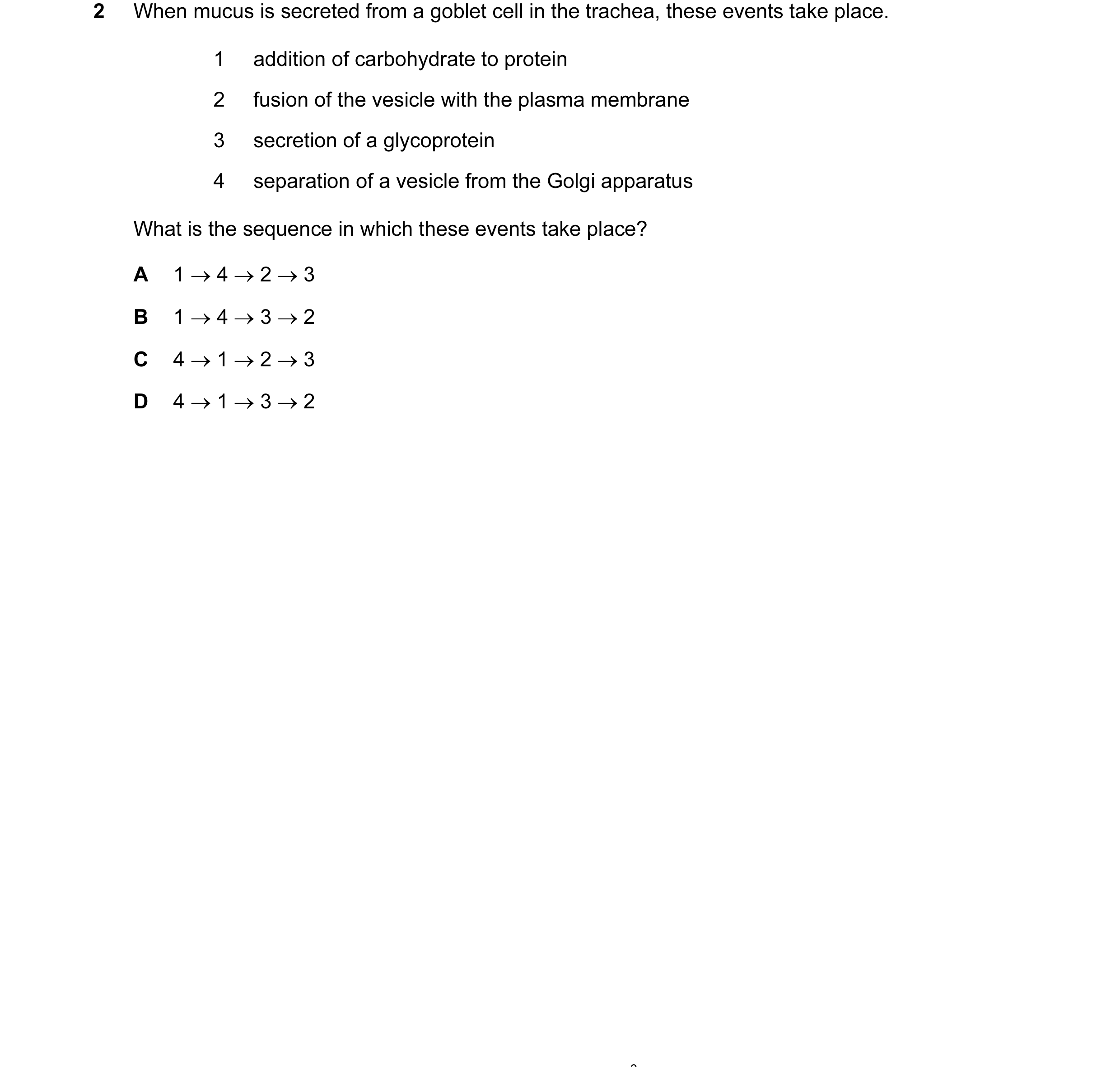Question 14: When mucus is secreted from a goblet cell in the trachea, these events take place. 1 addition of carbohydrate to protein 2 fusion of the ve…