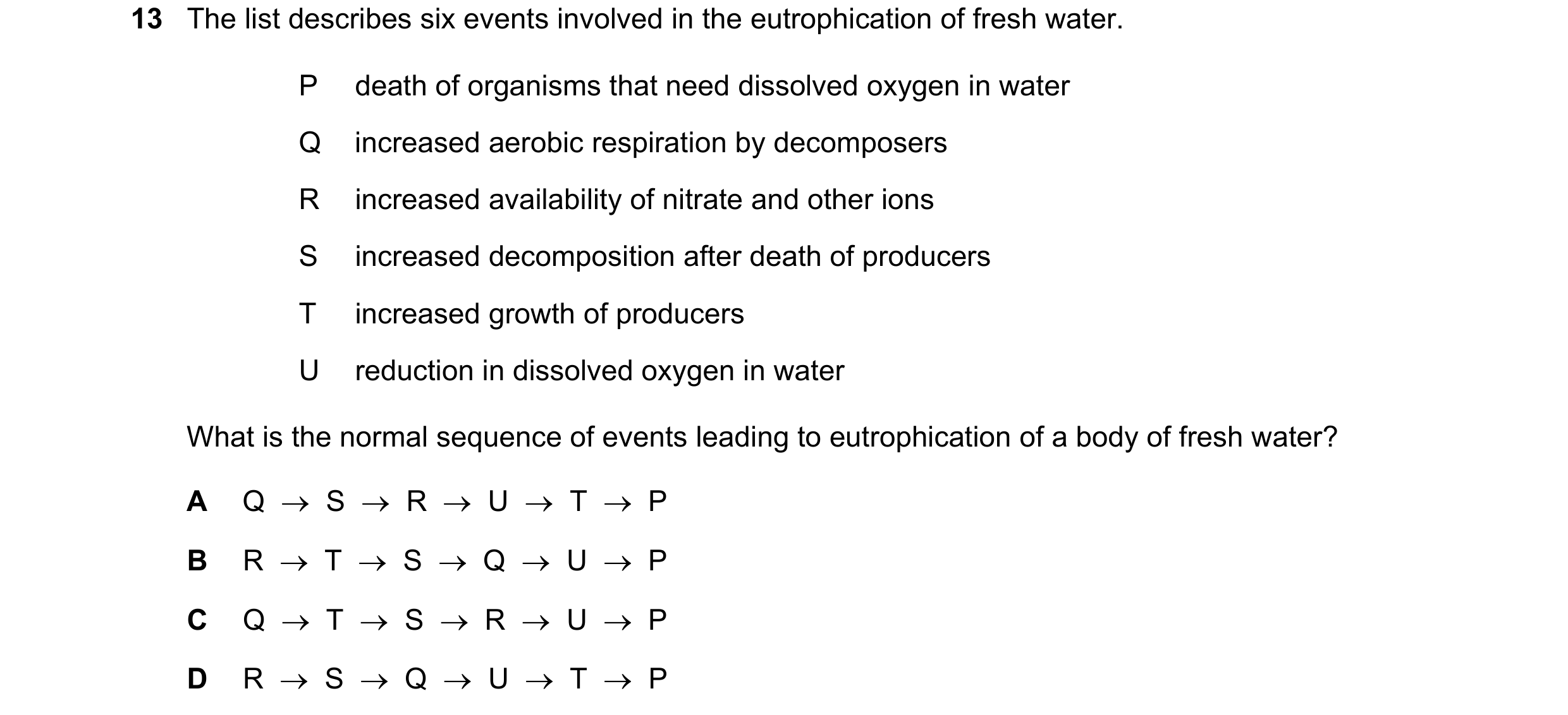 Question 18: The list describes six events involved in the eutrophication of fresh water. P death of organisms that need dissolved oxygen in water Q inc…