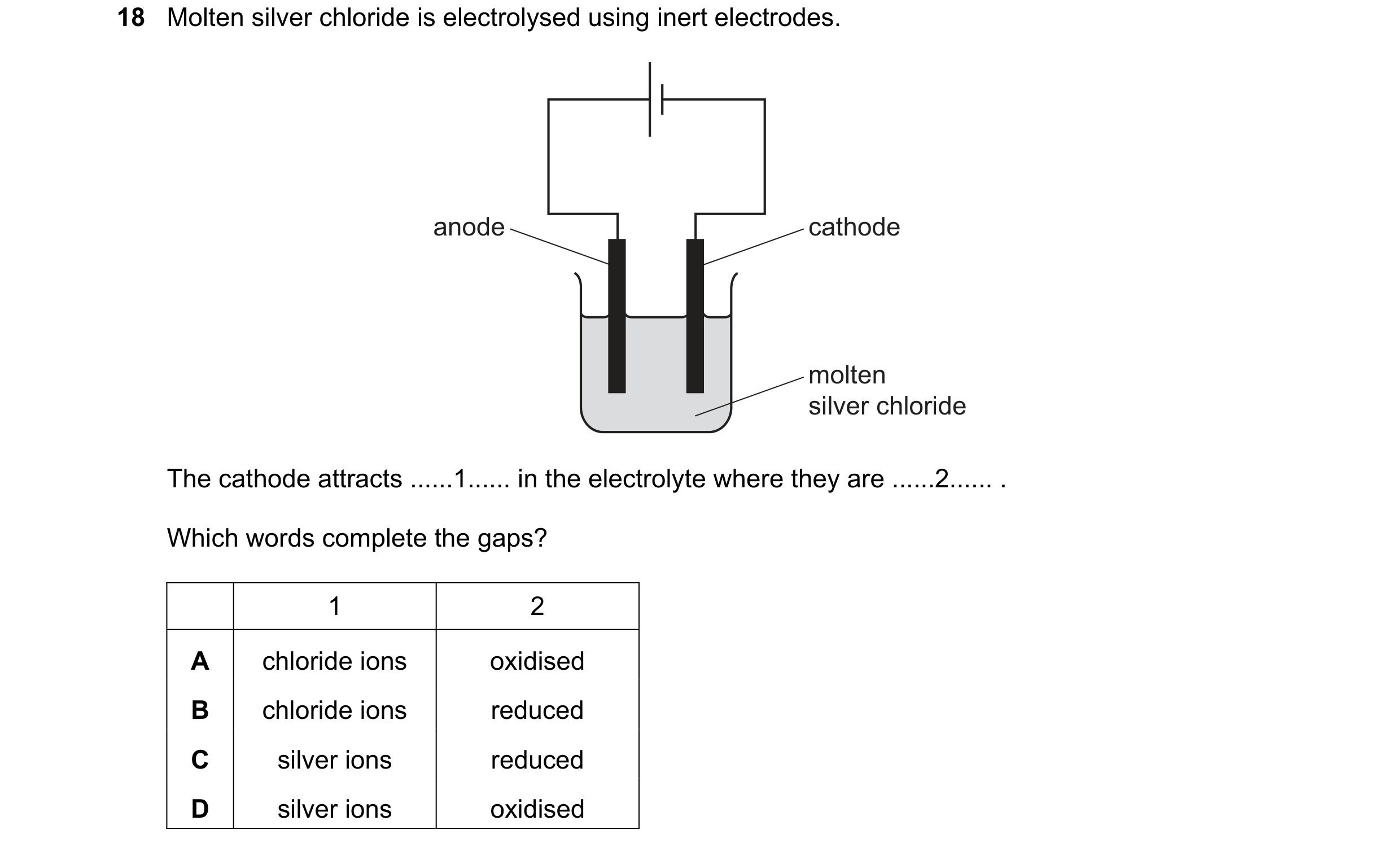 Question 24: Molten silver chloride is electrolysed using inert electrodes. anode cathode molten silver chloride The cathode attracts ......1...... in t…