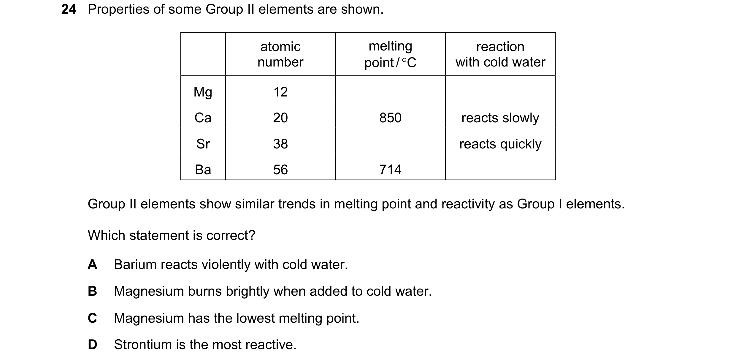 Question 8: Properties of some Group II elements are shown. atomic melting reaction number point / °C with cold water Mg 12 Ca 20 850 reacts slowly Sr …