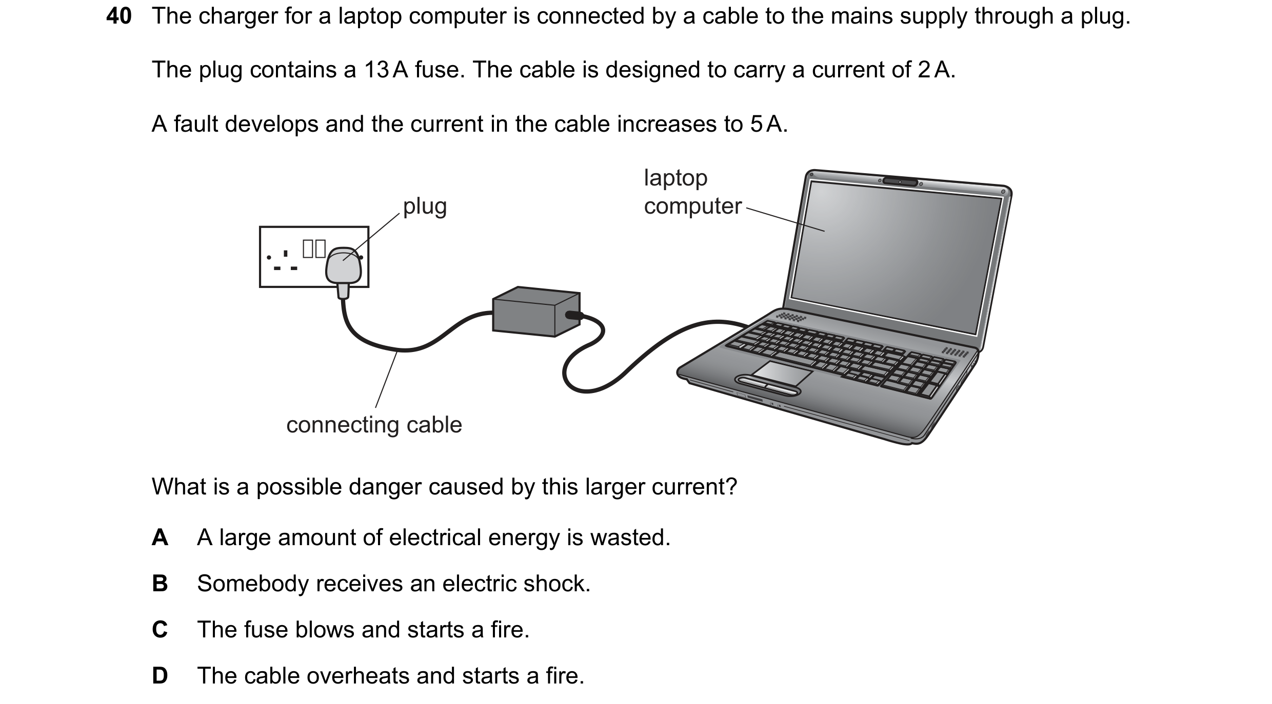 Question 12: The charger for a laptop computer is connected by a cable to the mains supply through a plug. The plug contains a 13 A fuse. The cable is d…