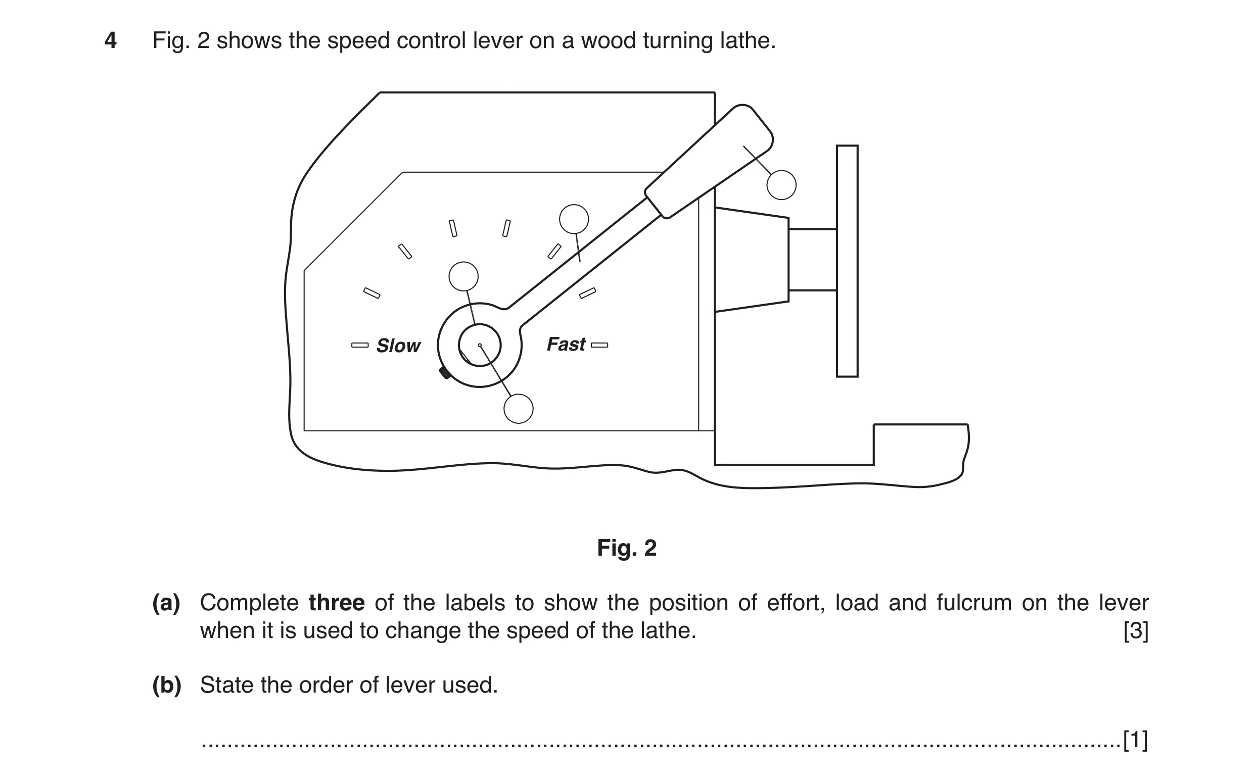 Question 15: Fig. 2 shows the speed control lever on a wood turning lathe. Slow Fast Fig. 2 (a) Complete three of the labels to show the position of eff…