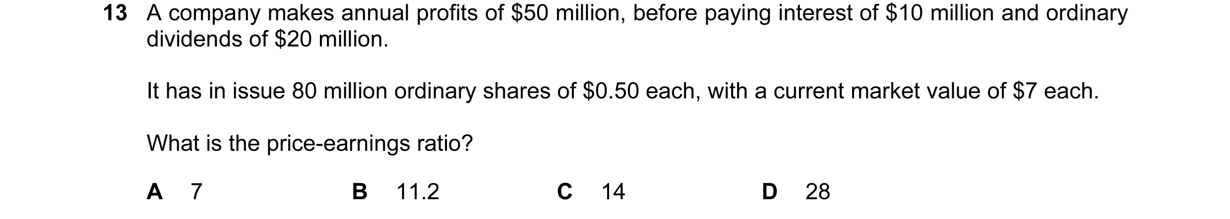 Question 45: A company makes annual profits of $50 million, before paying interest of $10 million and ordinary dividends of $20 million. It has in issue…