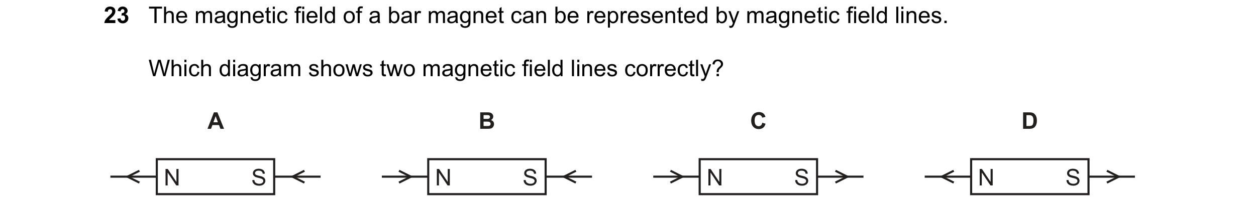 Question 32: The magnetic field of a bar magnet can be represented by magnetic field lines. Which diagram shows two magnetic field lines correctly? A B …