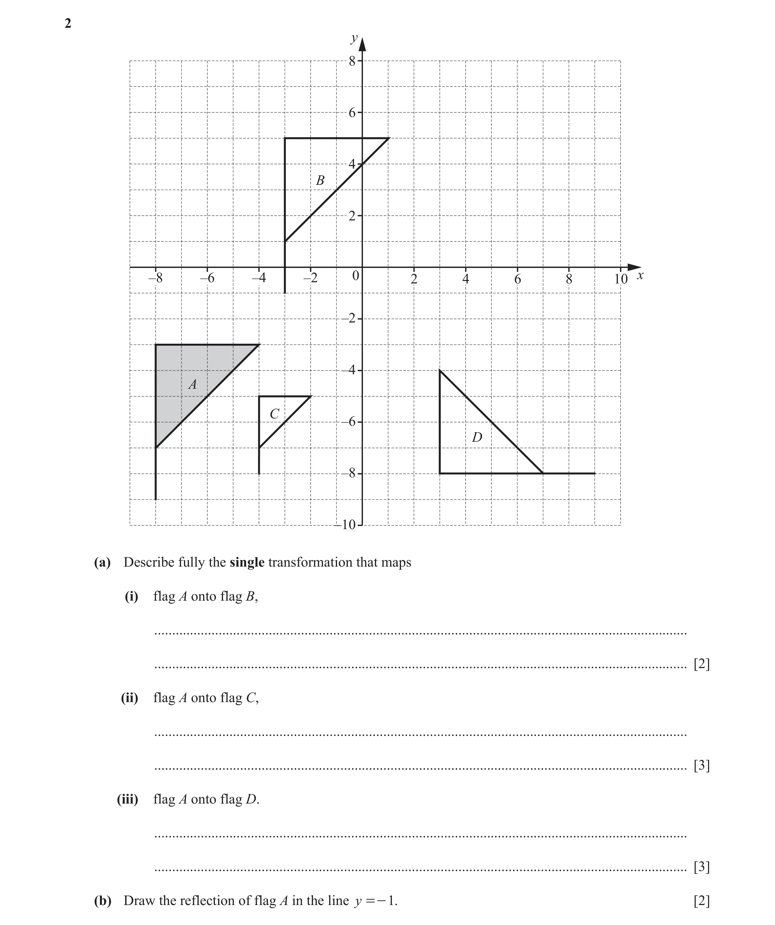 Question 11: y 8 6 4 B 2 –8 –6 –4 –2 0 2 4 6 8 10 x –2 –4 A C –6 D –8 –10 (a) Describe fully the single transformation that maps (i) flag A onto flag B,…