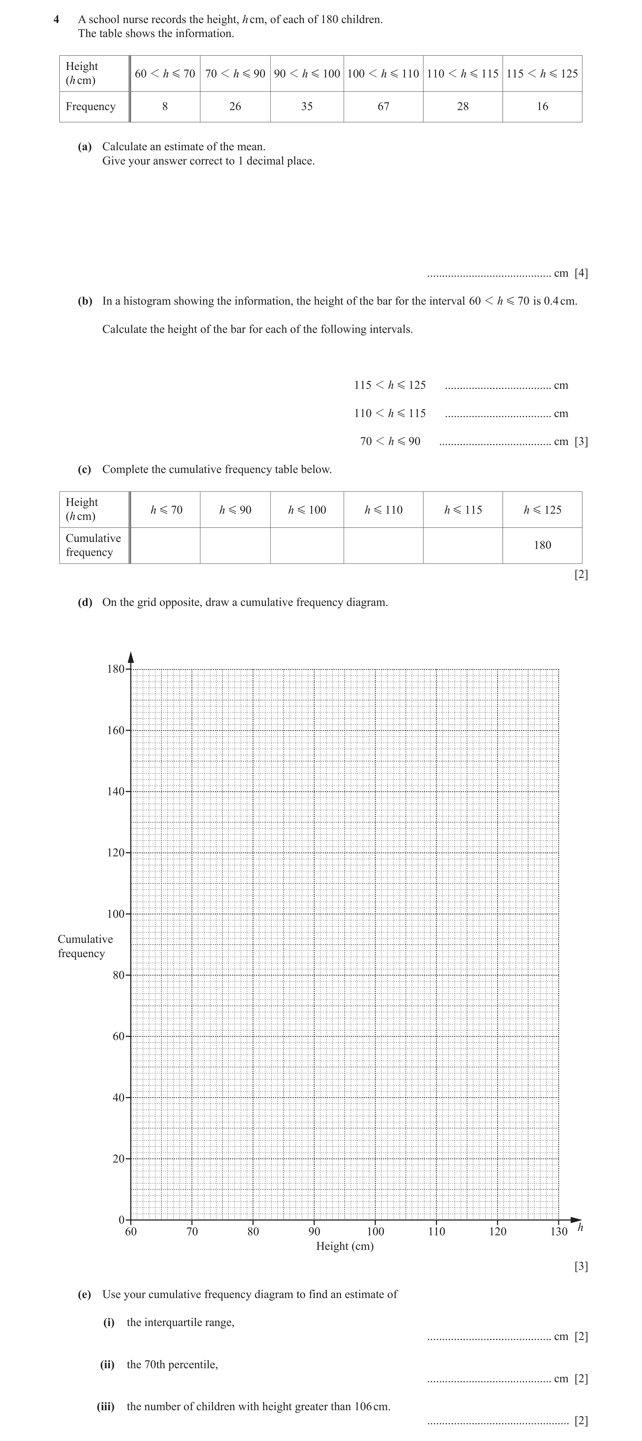 Question 5: A school nurse records the height, h cm, of each of 180 children. The table shows the information. Height 60 1 h G 70 70 1 h G 90 90 1 h G …