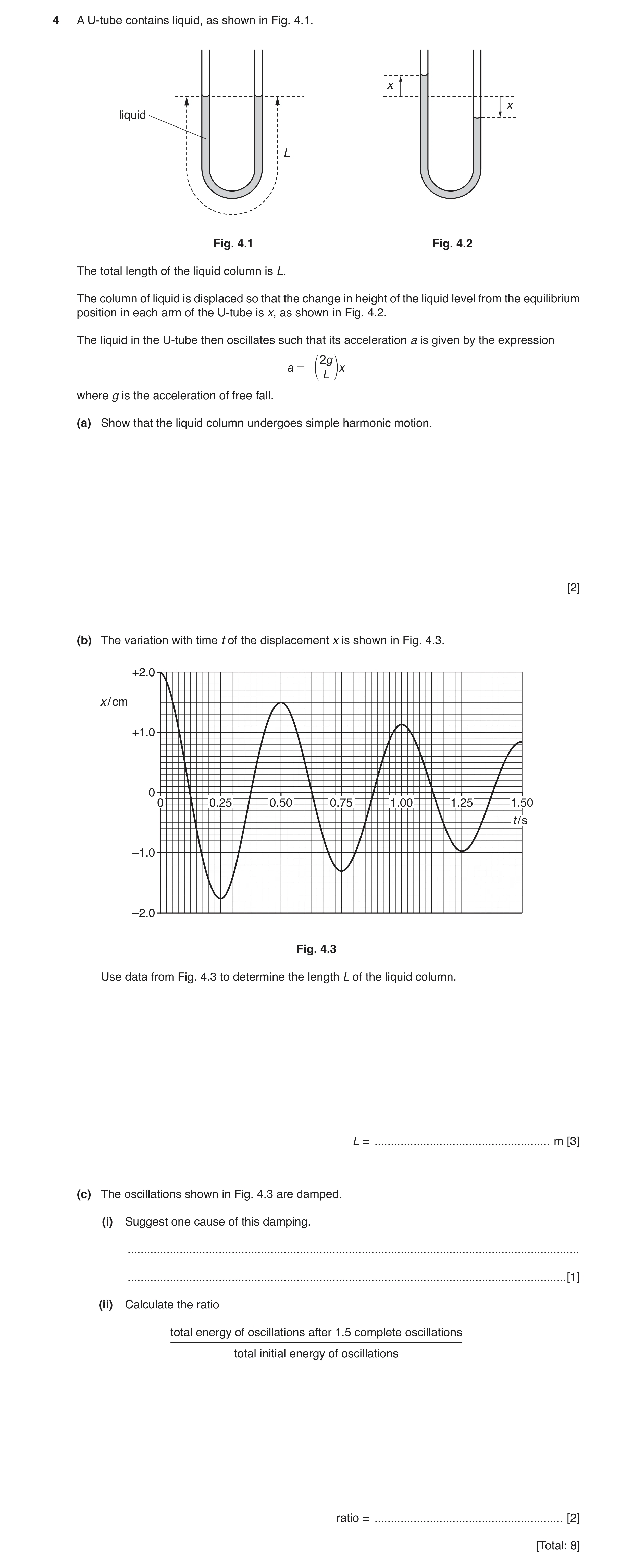 Question 13: A U-tube contains liquid, as shown in Fig. 4.1. x x liquid L Fig. 4.1 Fig. 4.2 The total length of the liquid column is L. The column of li…