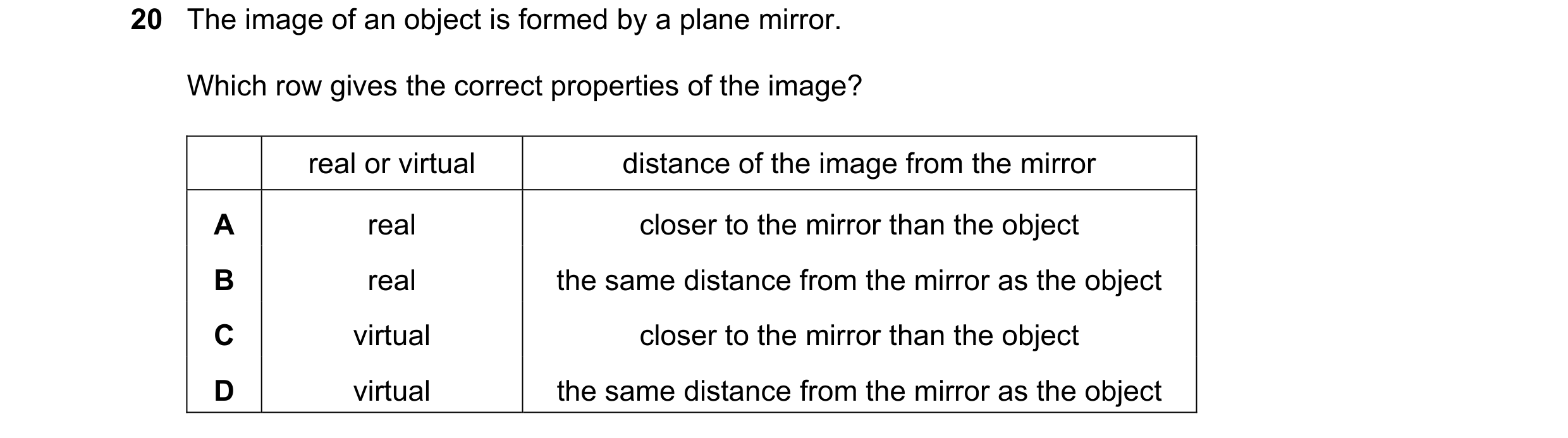 Question 182: The image of an object is formed by a plane mirror. Which row gives the correct properties of the image? real or virtual distance of the im…