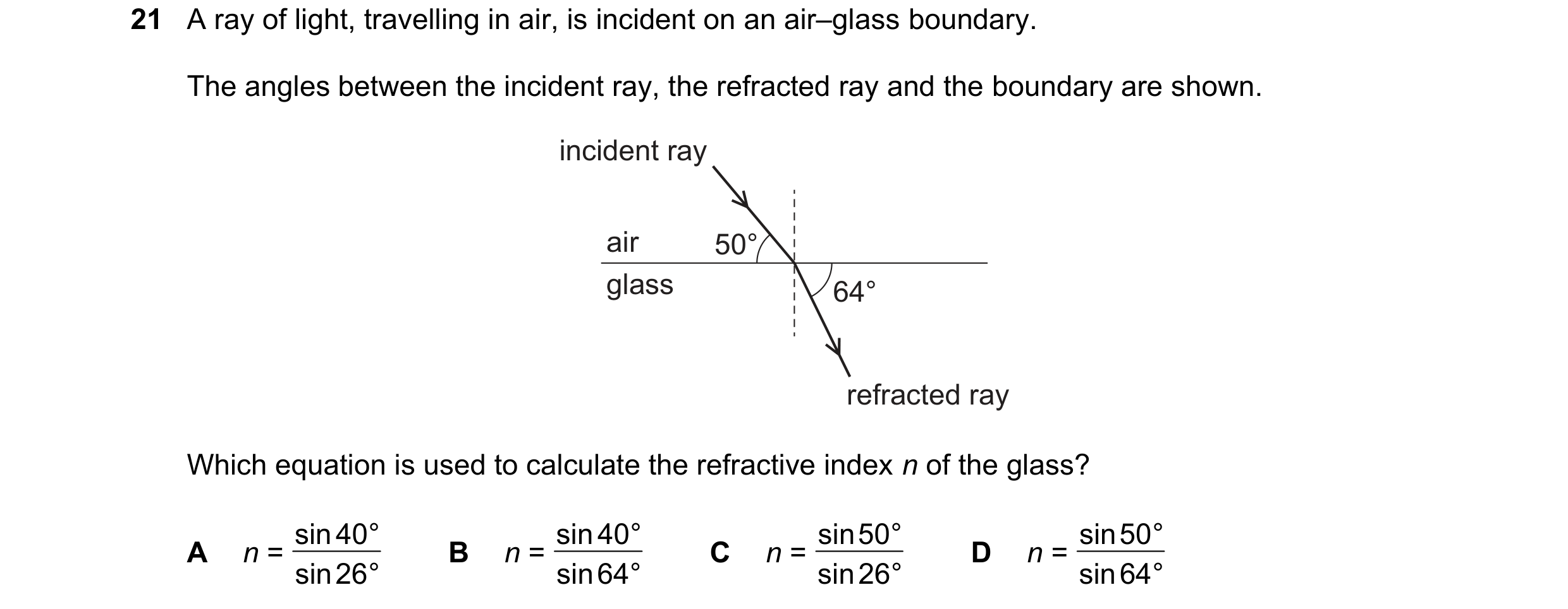 Question 183: A ray of light, travelling in air, is incident on an air–glass boundary. The angles between the incident ray, the refracted ray and the bou…