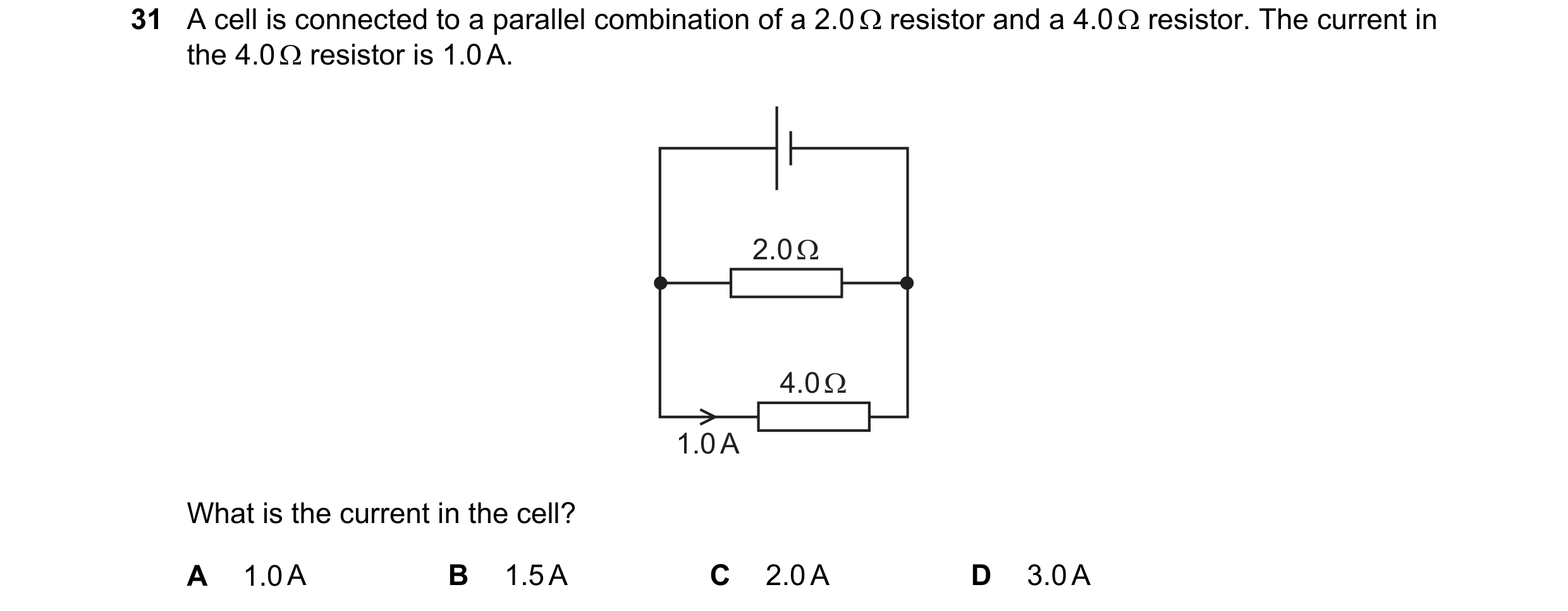 Question 298: Acell is connected to a parallel combination of a 2.0Q resistor and a 4.0Q resistor. The current in
the 4.0Q resistor is 1.0A.

What is the…